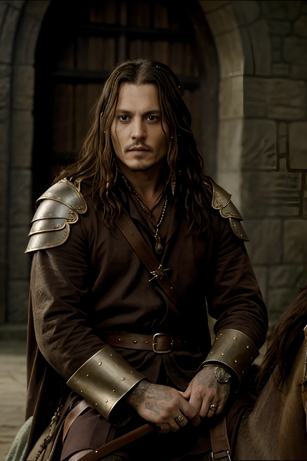 Actor Johnny Depp in the Lord of the Rings, Cinematic lighting, mid shot, dressed as a Medieval King, sitting on a horse