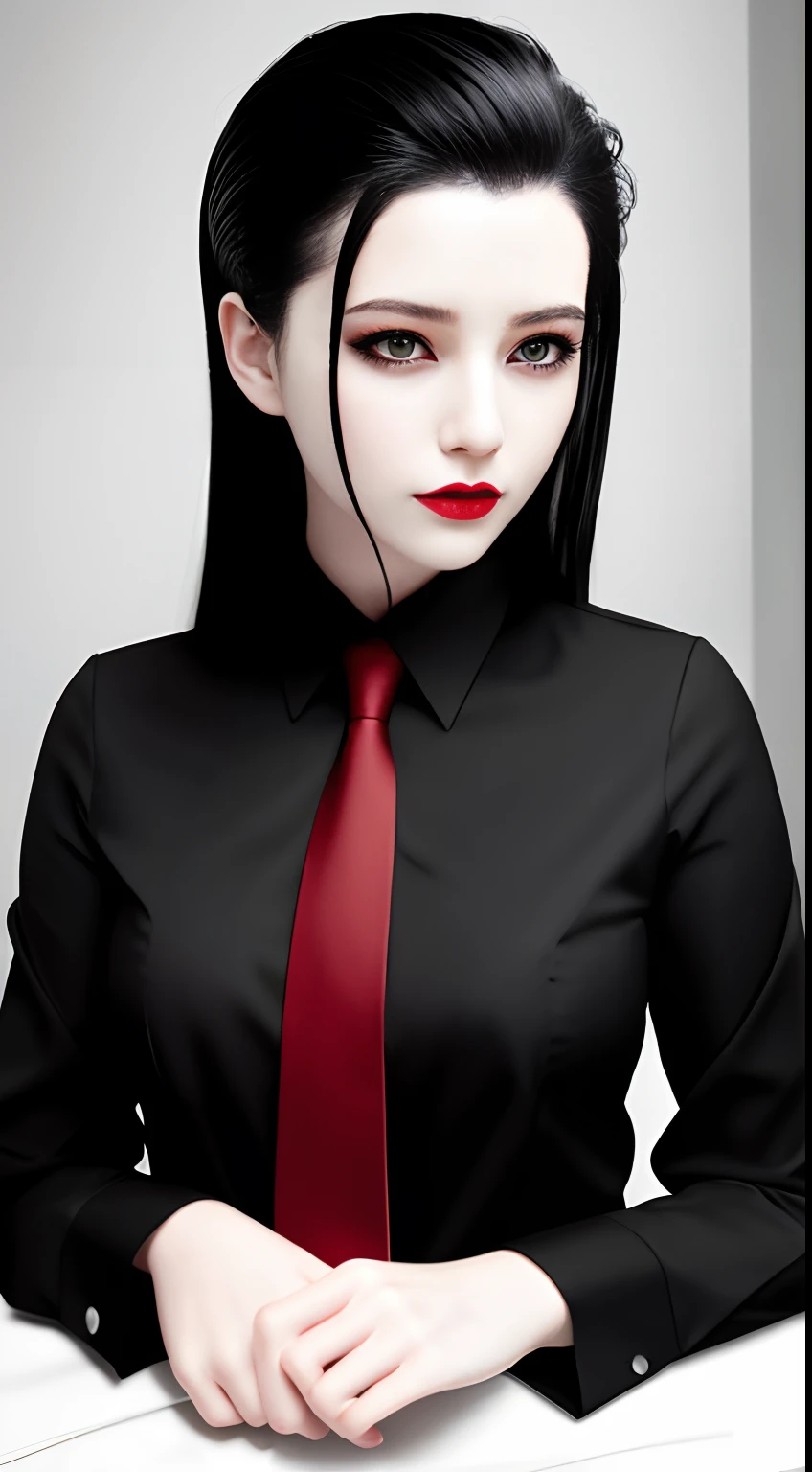HD, 8K, (((Masterpiece))), (((A high resolution))), ((Best quality)), ((An extremely delicate and beautiful)), Crazy detail and intrusive, Super detailed, Tokyo Ghoul, 1 woman, Solo, black collared shirt, red necktie, Pale skin, large lips, Puffy lips, Black lips, Red eye, eBlue eyes, Heterochromia, ringed eyes, Glowing eyes, Black hair, Long hair, hair slicked back, ghoul, Evil smile, scars face