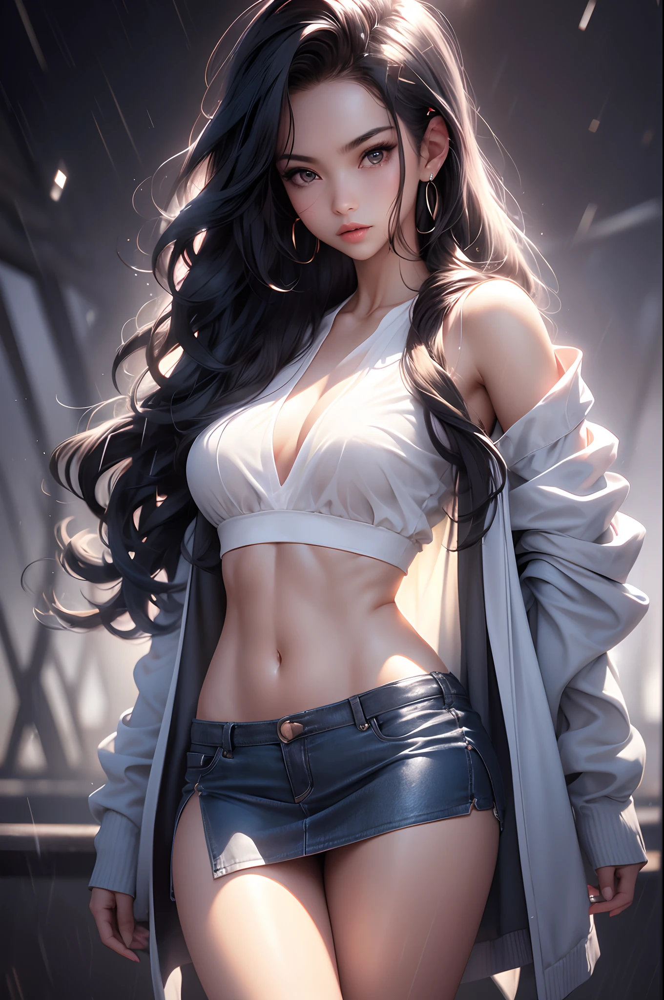 navel, cleavage, (Big chest: 1.2) Features, There is water on the body, Clothes are soaked, ((Ultra mini skirt, Tight body, Public hair is huge, )), White shirt, Tight body, Ultra-thin shirt, (Extra short shirt, heavy rain), Wet clothes, Long hair, Black hair, Wavy hair, Double eyelids, 耳Nipple Ring, No bra, , no underwares, Curved body, Sexy body, Perfect body, ((Realistic lighting, best qualtiy, 8K, tmasterpiece:1.3)), sharp fokus:1.2, 1girll, Beautiful Women with Perfect Figure:1.4, Slim abs:1.1，Ultra-fine face，Fine eyes，二重まぶた，