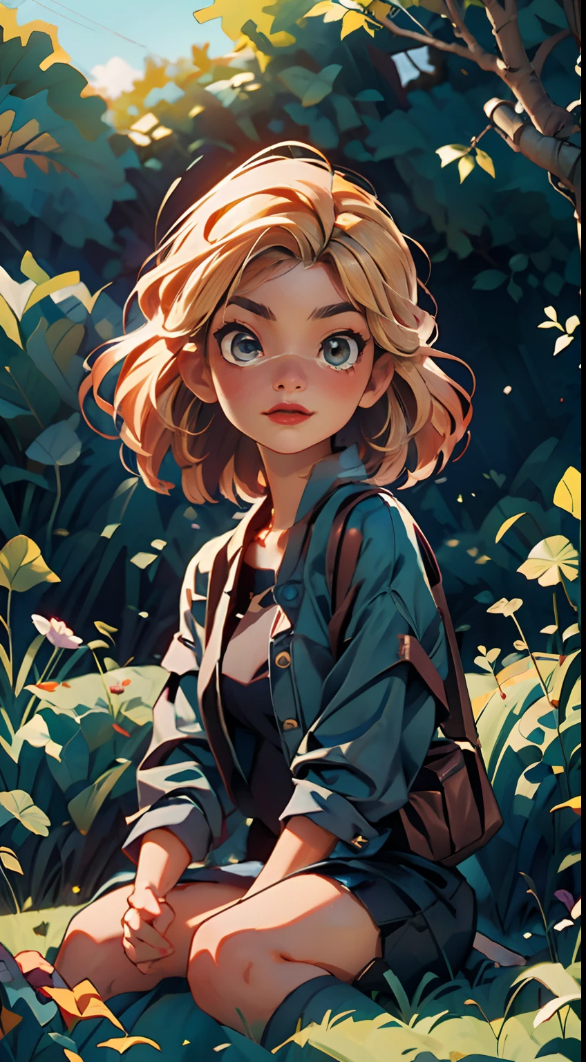4K, high resolution, Best quality, Masterpiece, perfect, really warm colors, perfectly shaded, Perfect lighting, posted on e621, ((J Scott campbell style)), masterpiece, digital paint, (close up, Cute girl, 20 years old, blond short hair), sucking a lollipop, sitting in the grass in a hide park in London. 1990s \(style\),