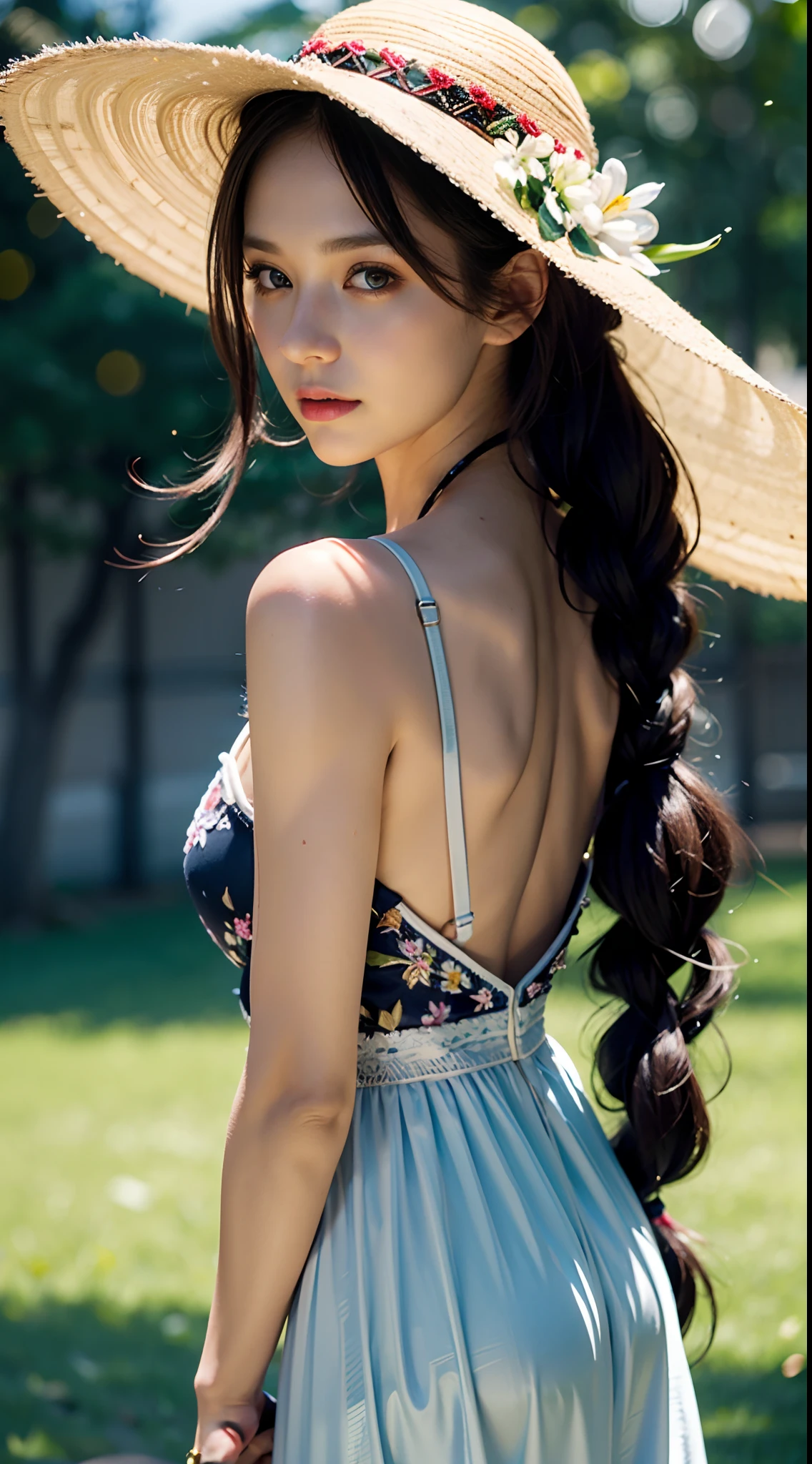 (Extreme closeup:1.5), (Face focus:2),(style of ???? ???:1.5),
((Side face:2)),(1 girl surrounded by softness_Light:1.5), (back lit lighting:1.8), (lighting),(Flowing fabric:1.3), ((Floral_Summer_dress:1.5),(straw_Hat:1.3)),
(Masterpiece), Realistic, hdr, Highly detailed, 8K, RAW photo, Natural, A MILF, Huge breasts, Wet, {high-resolution illustrations:3.5}, {Extremely fine and beautiful}, {Mature face}, detailed long hair, Fine blonde, {{Delicate light blue eyes}}, Long hair with black details, {french braid}, cleavage, {Soft smile}, {{Red dress}}, shining body, {Thick thighs}, {{Sharp focus}}, Smooth Rendering, {{cel-shaded}}, Perfect shading, Perfect anatomy, {{Highly detailed face}}, Beautiful face,  Lips, {City lights}, {{Pixiv style:2.0}}, finedetail, Super delicate, Complex details, shading eyes, Nasal mask, Extremely detailed, Hyper-Resolution, 8K, {{Unreal Engine 5}}, Hyperrealistic, ultra-realistic realism, {{Highly detailed face}}, {{Beautiful face}}, view the viewer, Skinny red sea silk dress, innerboobs