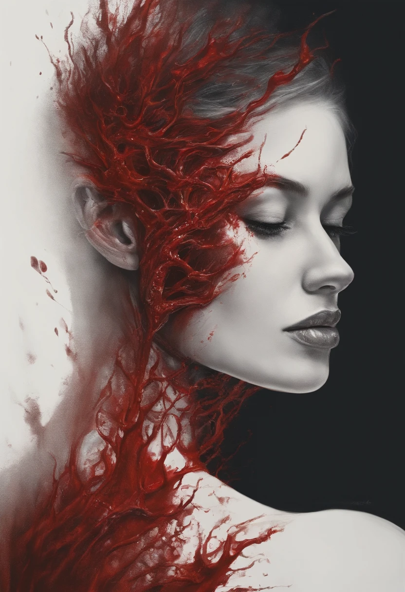 Draw a face covered in blood,Male organism, massacre, Science fiction - the art of horror fiction, A female head grows on the arm,