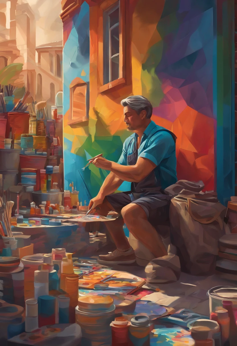 Show a man surrounded by art supplies, painting a vibrant mural on a city wall, 2d flat illustration