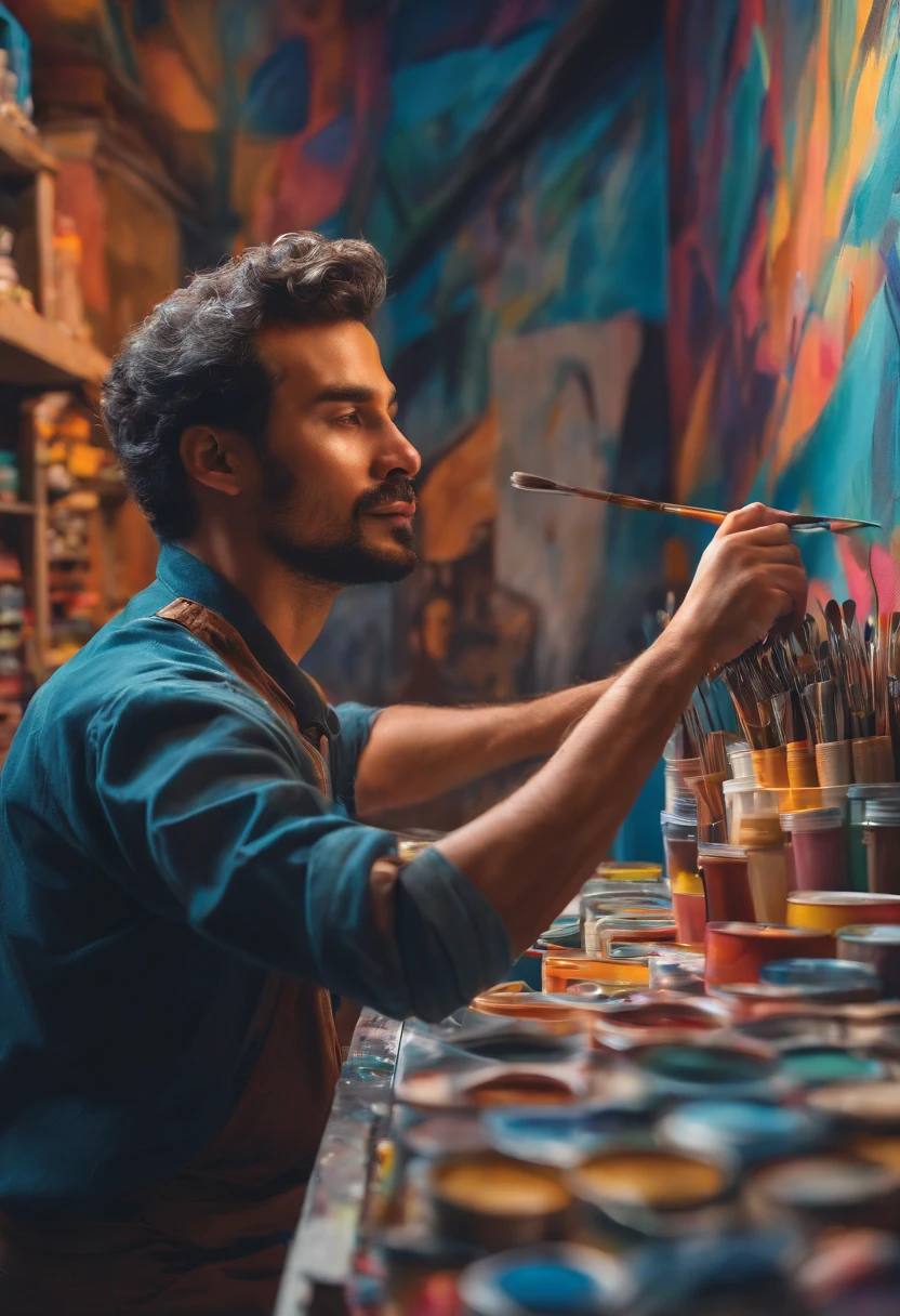 Show a man surrounded by art supplies, painting a vibrant mural on a city wall, 2d flat illustration