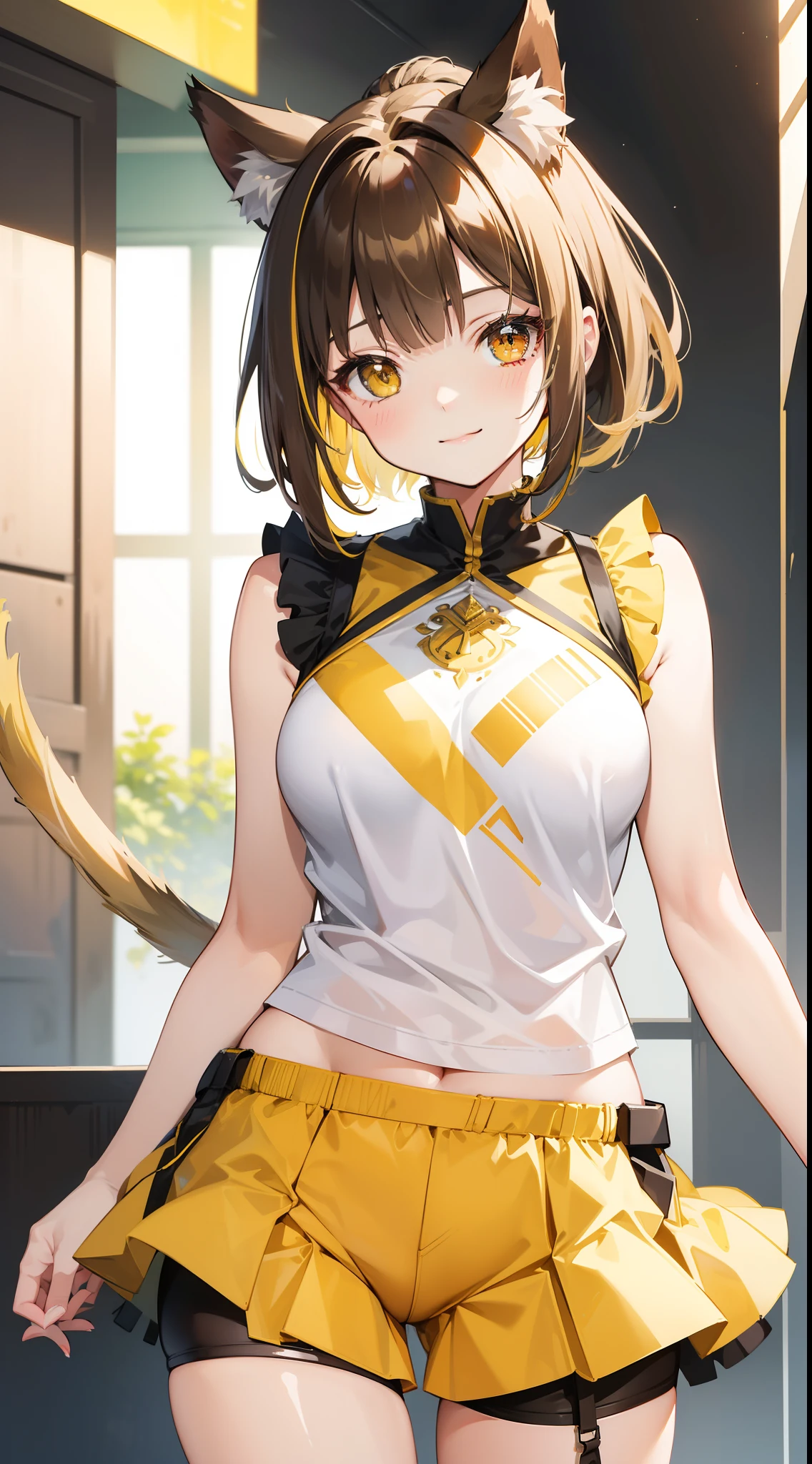 young girl, short brown hair, high ponytail, Heterochromia, green and yellow eyes, Smile, cat ears, Yellow tight sleeveless uniform, tight shorts, diadem, Gold Elements, She-ra, Masterpiece, hiquality, 4k, HD, Good detail