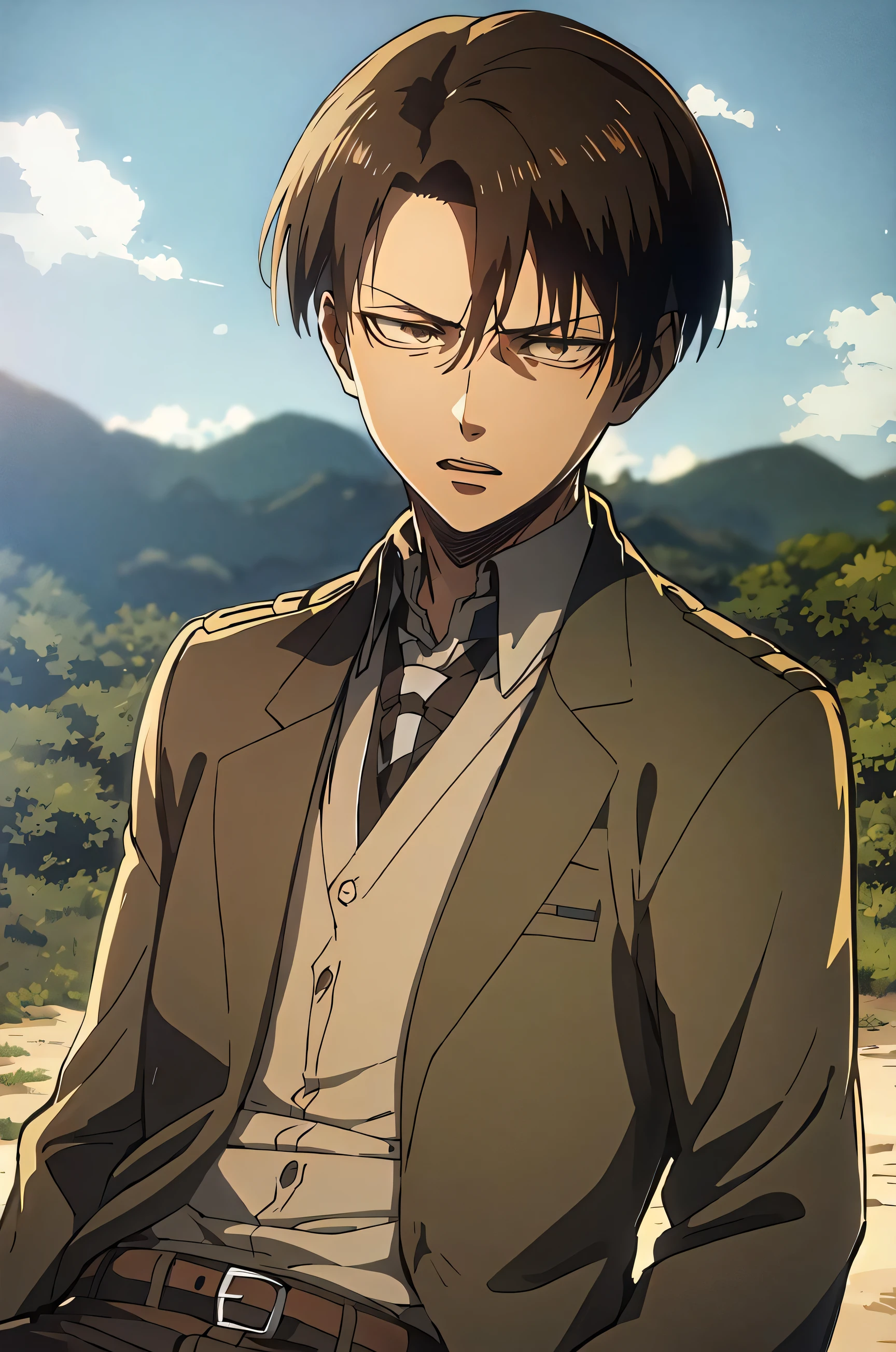 leviackerman\(1zgame\),1boy,solo, suit,pose,portrait,nature
