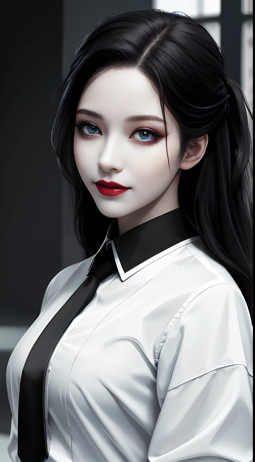 HD, 8K, (((Masterpiece))), (((A high resolution))), ((Best quality)), ((An extremely delicate and beautiful)), Crazy detail and intrusive, Super detailed, Tokyo Ghoul, 1 woman, Solo, black collared shirt, red necktie, Pale skin, large lips, Puffy lips, Black lips, Red eye, eBlue eyes, Heterochromia, ringed eyes, Glowing eyes, Black hair, Long hair, hair slicked back, ghoul, Evil smile, scars face
