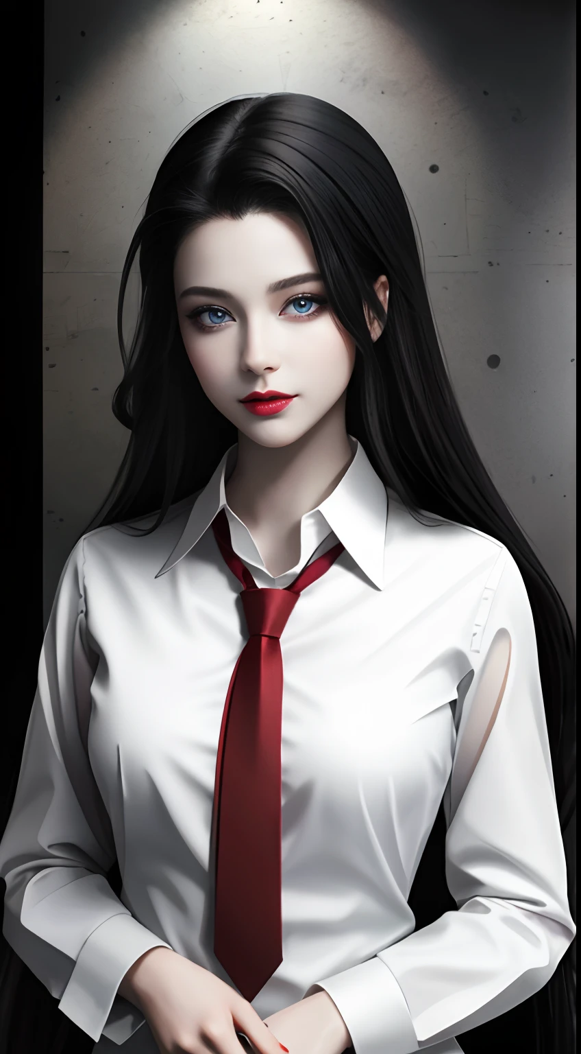 HD, 8K, (((Masterpiece))), (((A high resolution))), ((Best quality)), ((An extremely delicate and beautiful)), Crazy detail and intrusive, Super detailed, Tokyo Ghoul, 1 woman, Solo, black collared shirt, red necktie, Pale skin, large lips, Puffy lips, Black lips, Red eye, eBlue eyes, Heterochromia, ringed eyes, Glowing eyes, Black hair, Long hair, hair slicked back, ghoul, Evil smile, scars face