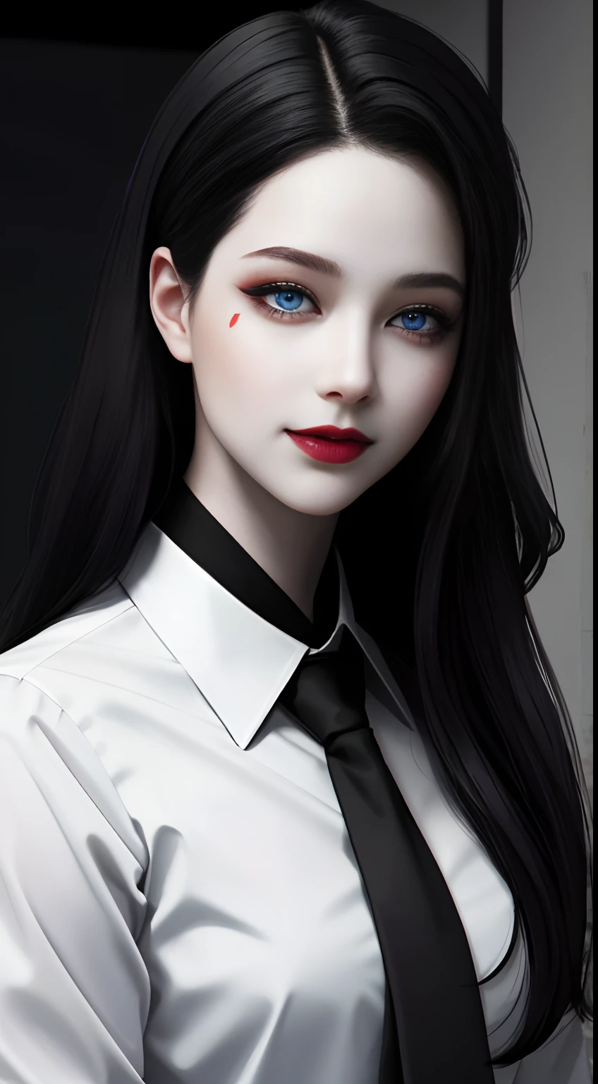 HD, 8K, (((Masterpiece))), (((A high resolution))), ((Best quality)), ((An extremely delicate and beautiful)), Crazy detail and intrusive, Super detailed, Tokyo Ghoul, 1 woman, Solo, black collared shirt, red necktie, Pale skin, large lips, Puffy lips, Black lips, Red eye, eBlue eyes, Heterochromia, ringed eyes, Glowing eyes, Black hair, Long hair, hair slicked back, ghoul, Evil smile, scars face