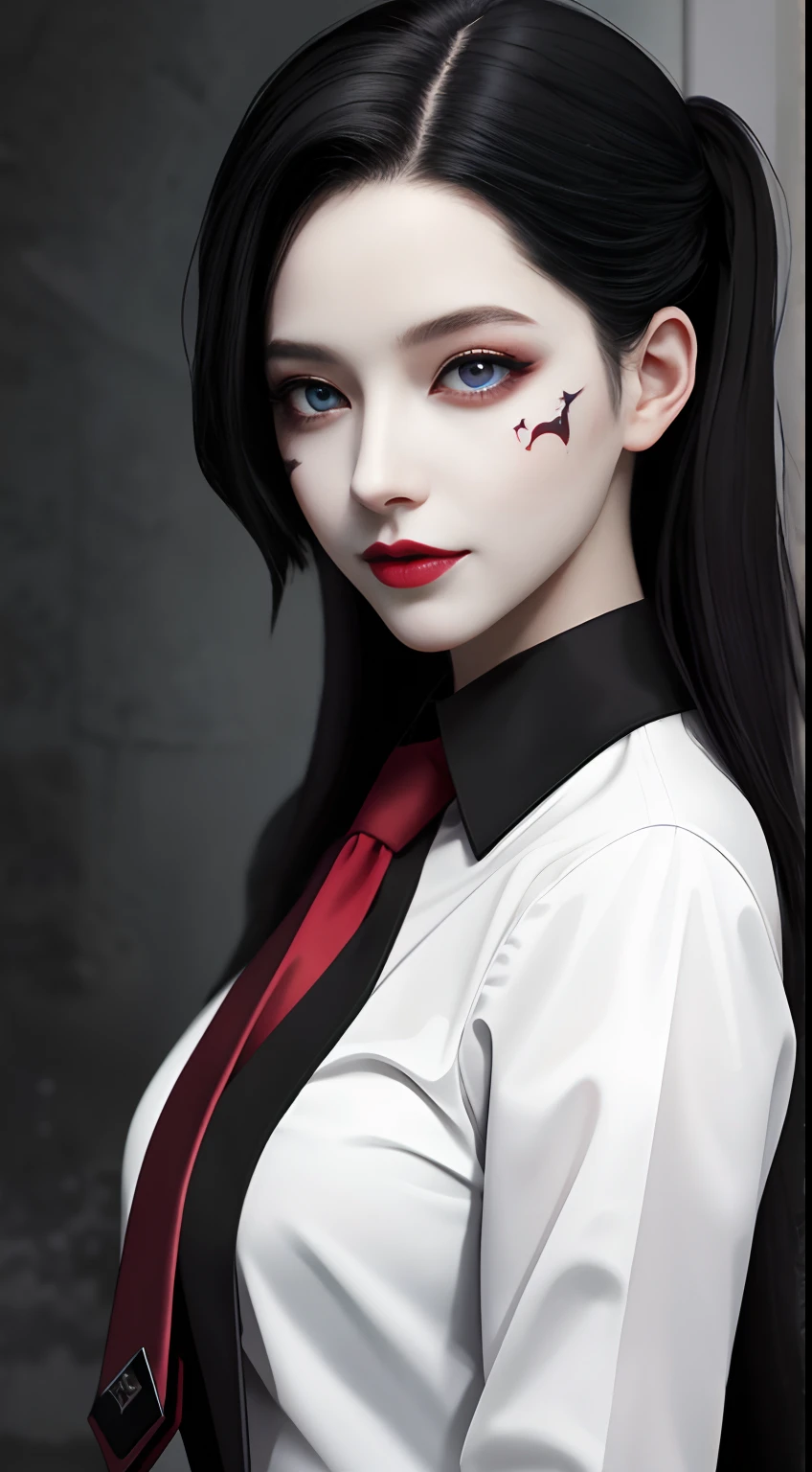 HD, 8K, (((Masterpiece))), (((A high resolution))), ((Best quality)), ((An extremely delicate and beautiful)), Crazy detail and intrusive, Super detailed, Tokyo Ghoul, 1 woman, Solo, black collared shirt, red necktie, Pale skin, large lips, Puffy lips, Black lips, Red eye, eBlue eyes, Heterochromia, ringed eyes, Glowing eyes, Black hair, Long hair, hair slicked back, ghoul, Evil smile, scars face