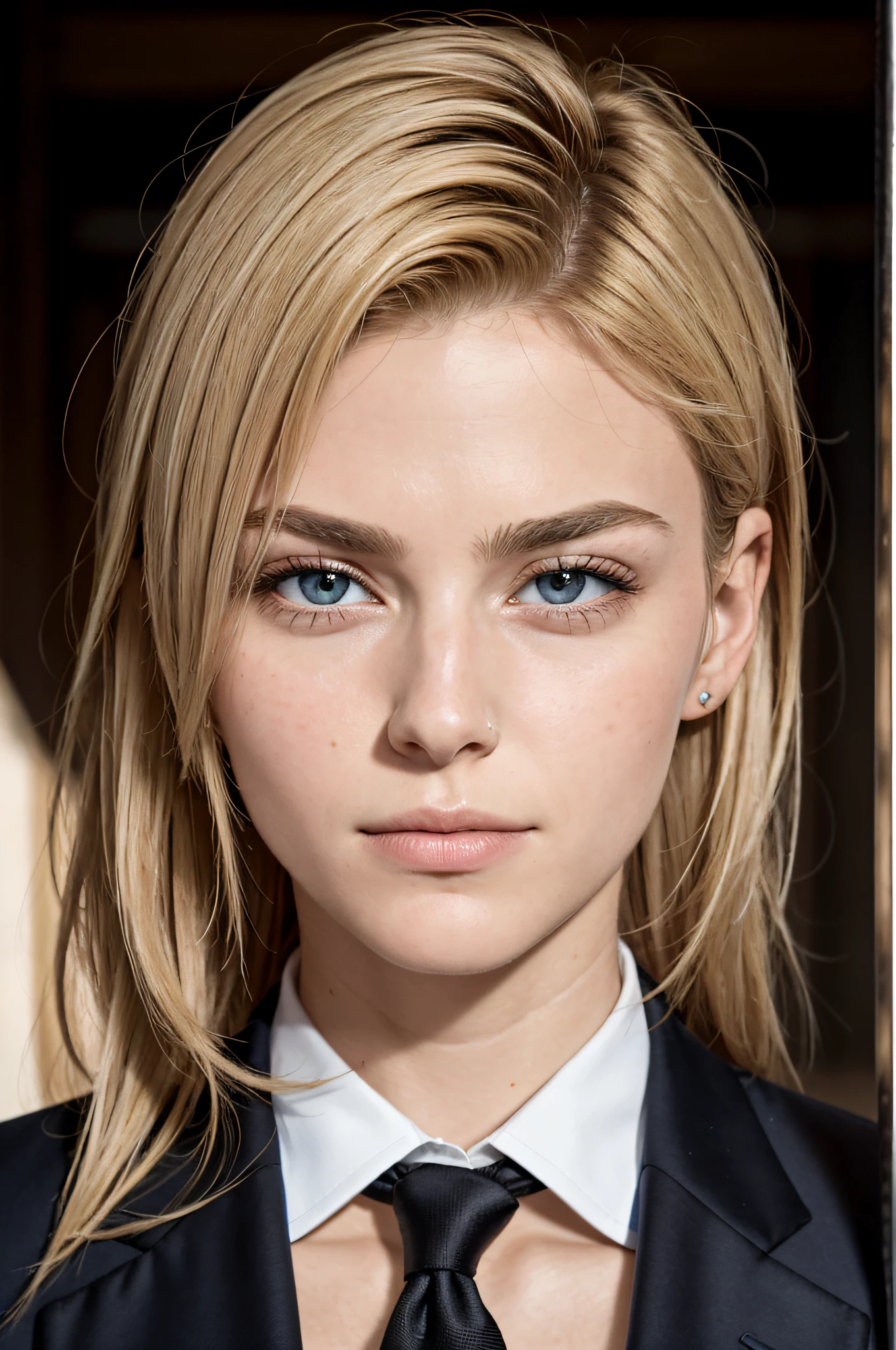 portrait of european girl,solo,20yo,beautiful face,uppser body,hair over one eye,medium sidecut, blonde hair, sharp focus,black business suit