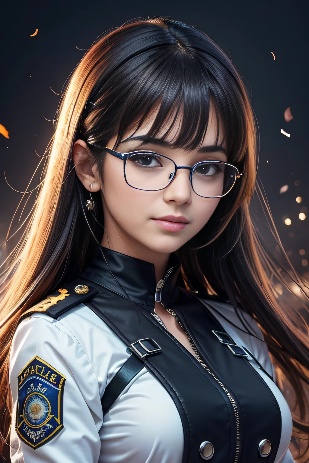 (realista: 1.4), melhor qualidade, ultra high-resolution, 4k, foto para redes sociais , detalhes intricados , altamente detalhado, Uma garota , policial , (uniforme da policia sexy : 1.2), ((mirrored glasses falling from the face)) , manga comprida, cabelo comprido , franja, tudo muito detalhado , sorrindo , (( dias escuros )) , anoitecendo , Ypê flower , Background flowers falling behind her , HDR , cinematic picture ,