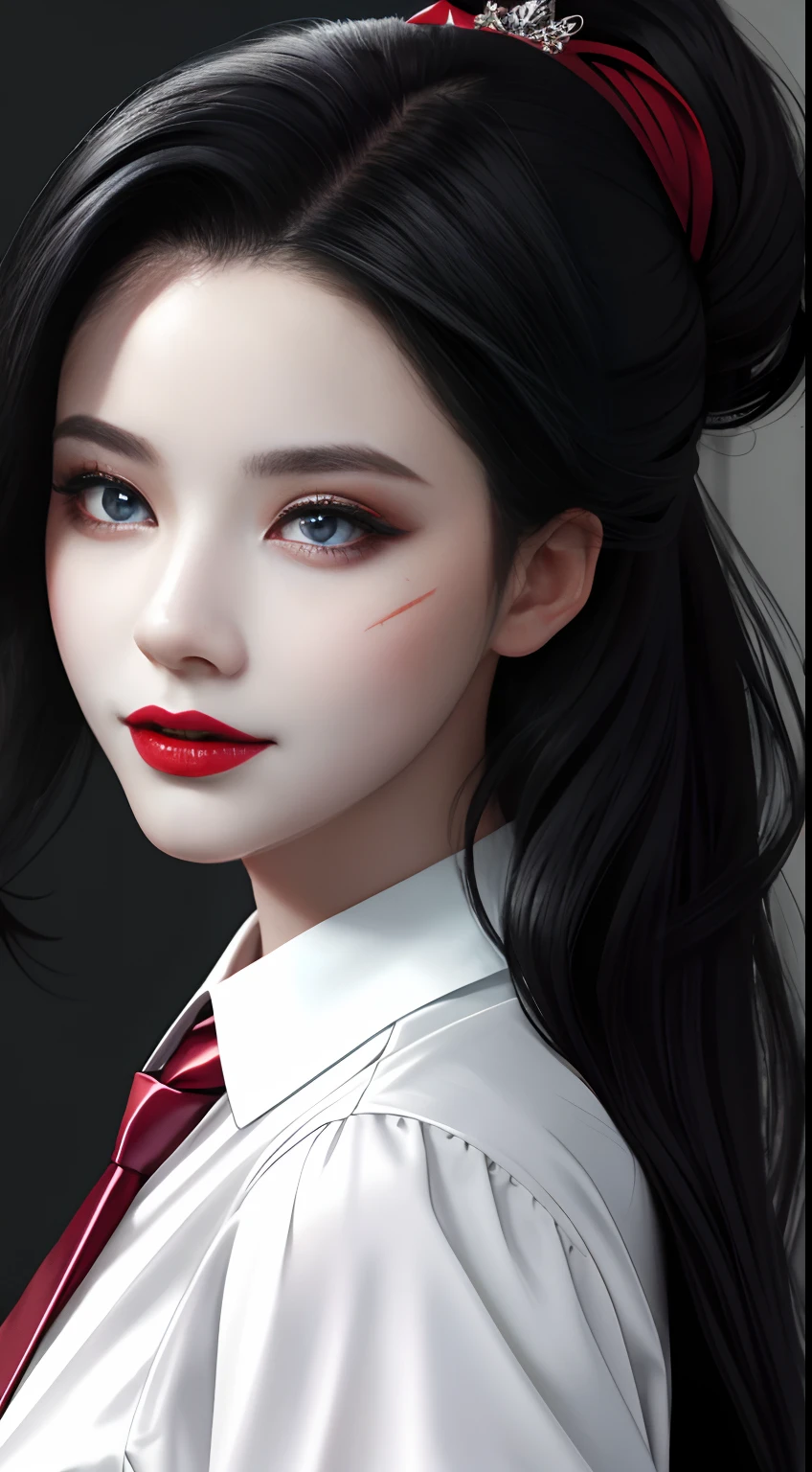 HD, 8K, (((Masterpiece))), (((A high resolution))), ((Best quality)), ((An extremely delicate and beautiful)), Crazy detail and intrusive, Super detailed, Tokyo Ghoul, 1 woman, Solo, black collared shirt, red necktie, Pale skin, large lips, Puffy lips, Black lips, Red eye, eBlue eyes, Heterochromia, ringed eyes, Glowing eyes, Black hair, Long hair, hair slicked back, ghoul, Evil smile, scars face