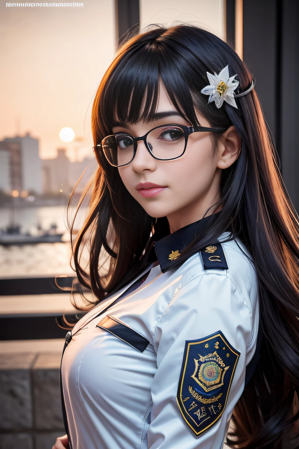 (realista: 1.4), melhor qualidade, ultra high-resolution, 4k, foto para redes sociais , detalhes intricados , altamente detalhado, Uma garota , policial , (uniforme da policia sexy : 1.2), ((mirrored glasses falling from the face)) , manga comprida, cabelo comprido , franja, tudo muito detalhado , sorrindo , (( dias escuros )) , anoitecendo , Ypê flower , Background flowers falling behind her , HDR , cinematic picture ,