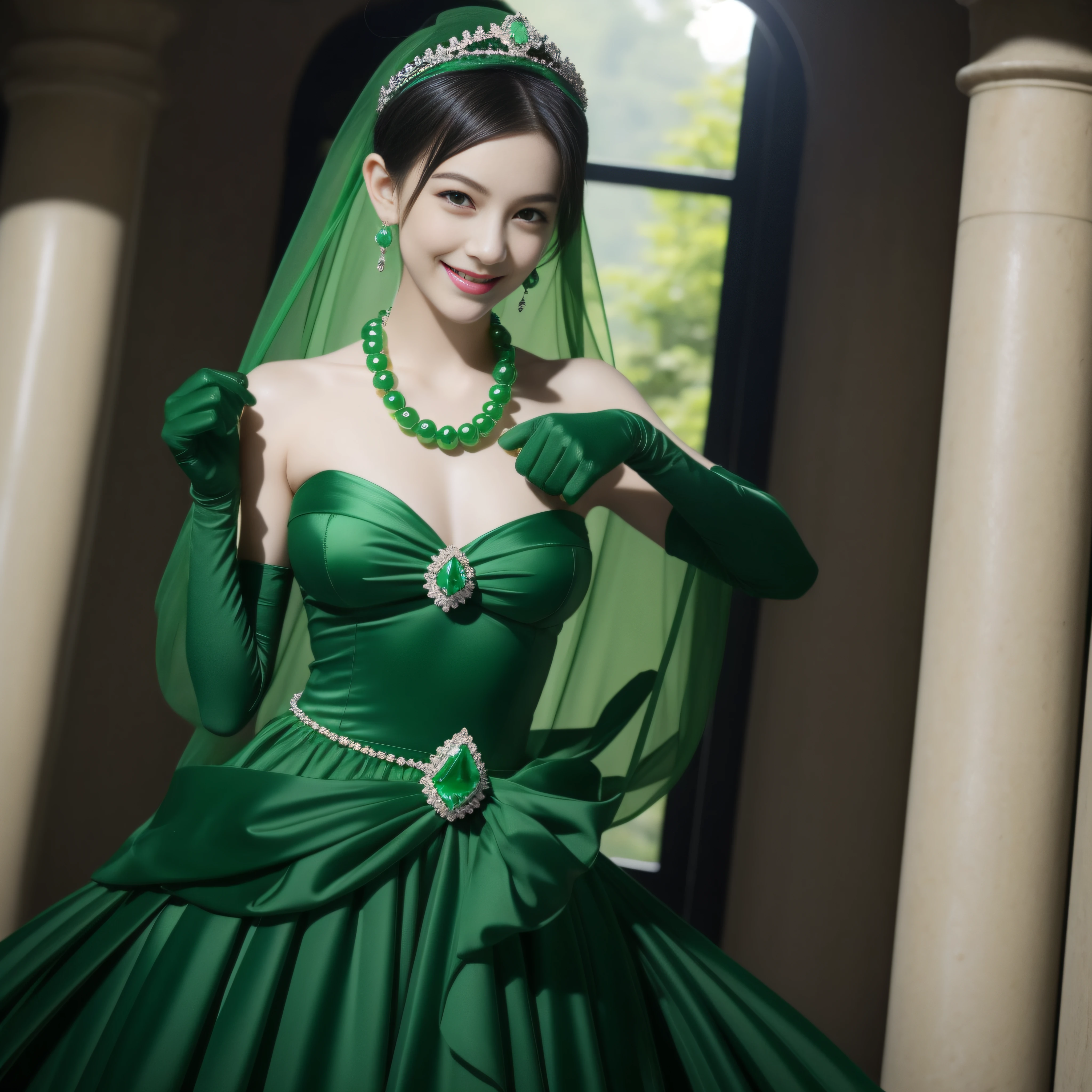 Emerald tiara, Green Pearl Necklace, Boyish very short green hair, lipstick, Smiling Japanese woman, Very short hair, Big tits beautiful, Green Eyes, Long green satin gloves, Green Eyes, emerald earrings, Green Veil, v sign