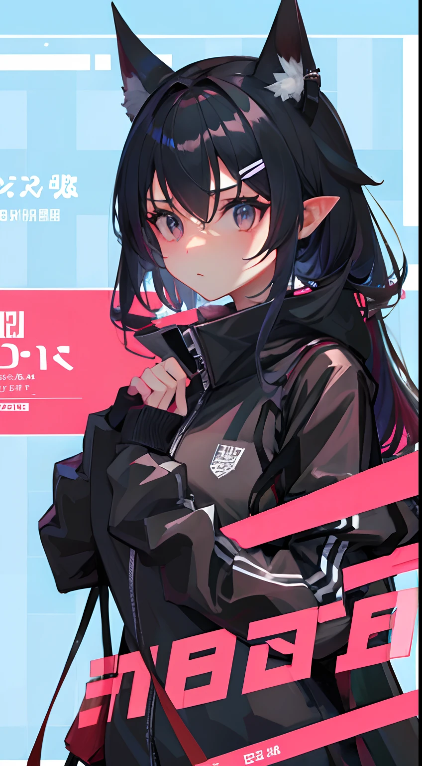 Anime girl with black hair and cat ears holding a pink bag - SeaArt AI