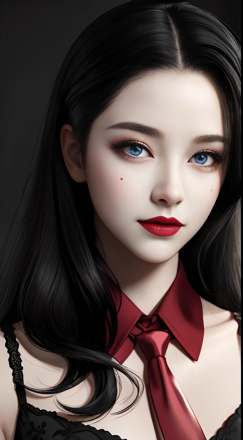 HD, 8K, (((Masterpiece))), (((A high resolution))), ((Best quality)), ((An extremely delicate and beautiful)), Crazy detail and intrusive, Super detailed, Tokyo Ghoul, 1 woman, Solo, black collared shirt, red necktie, Pale skin, large lips, Puffy lips, Black lips, Red eye, eBlue eyes, Heterochromia, ringed eyes, Glowing eyes, Black hair, Long hair, hair slicked back, ghoul, Evil smile, scars face