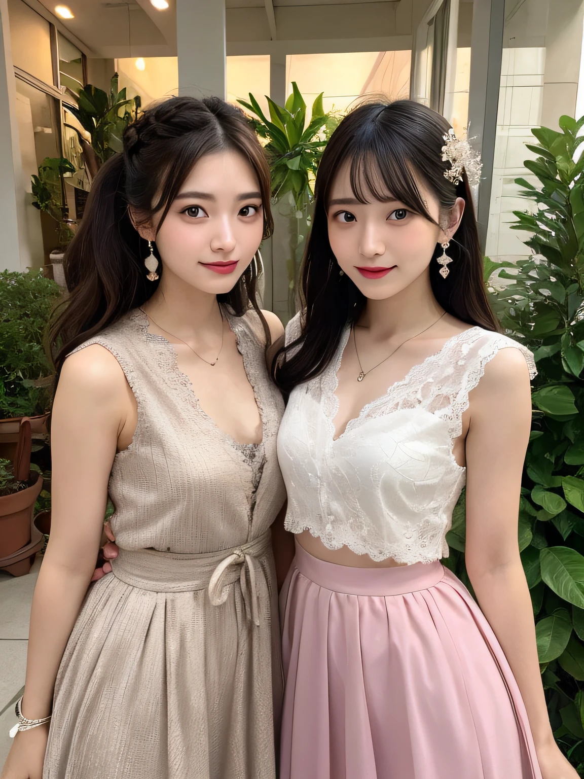 finely detail, hight resolution, hightquality、Perfect dynamic composition, Beautiful detailed eyes, twin-tail hair, Beautiful breasts 、Natural Color Lip, up of face,Kamimei、2 girls in、Transparent skin、Glowing hair、Pink luxury clothes、Fluffy skirt、intricate lace、complex dress、intricate hair ornament、Complex earrings、Complex necklaces、A smile、botanical garden、