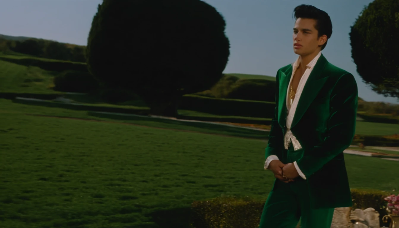 young boy, 1990 screengrab of male model Gohan wearing an elegant emerald green Balenciaga velvet blazer with gold embroidery, fashion movie scene, Balenciaga commercial