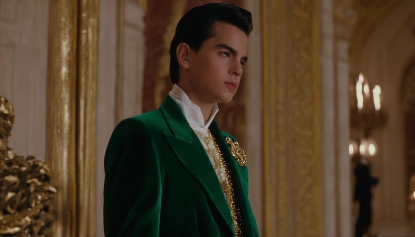 young boy, 1990 screengrab of male model Gohan wearing an elegant emerald green Balenciaga velvet blazer with gold embroidery, fashion movie scene, Balenciaga commercial