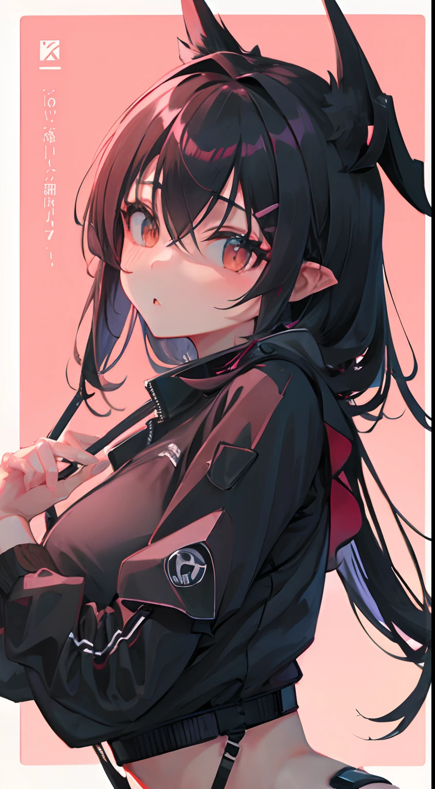 a girl wearing techwear, medium length hair, pointy ears, seductive look, blank background, cover shoot,
