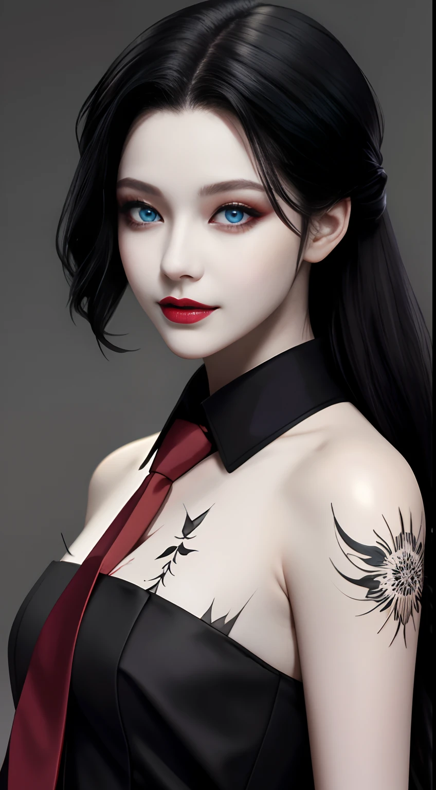 HD, 8K, (((Masterpiece))), (((A high resolution))), ((Best quality)), ((An extremely delicate and beautiful)), Crazy detail and intrusive, Super detailed, Tokyo Ghoul, 1 woman, Solo, black collared shirt, red necktie, Pale skin, large lips, Puffy lips, Black lips, Red eye, eBlue eyes, Heterochromia, ringed eyes, Glowing eyes, Black hair, Long hair, hair slicked back, ghoul, Evil smile, scars face