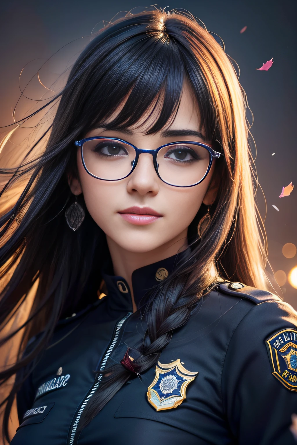 (realista: 1.4), melhor qualidade, ultra high-resolution, 4k, foto para redes sociais , detalhes intricados , altamente detalhado, Uma garota , policial , (uniforme da policia sexy : 1.2), ((mirrored glasses falling from the face)) , manga comprida, cabelo comprido , franja, tudo muito detalhado , sorrindo , (( dias escuros )) , anoitecendo , Ypê flower , Background flowers falling behind her , HDR , cinematic picture ,