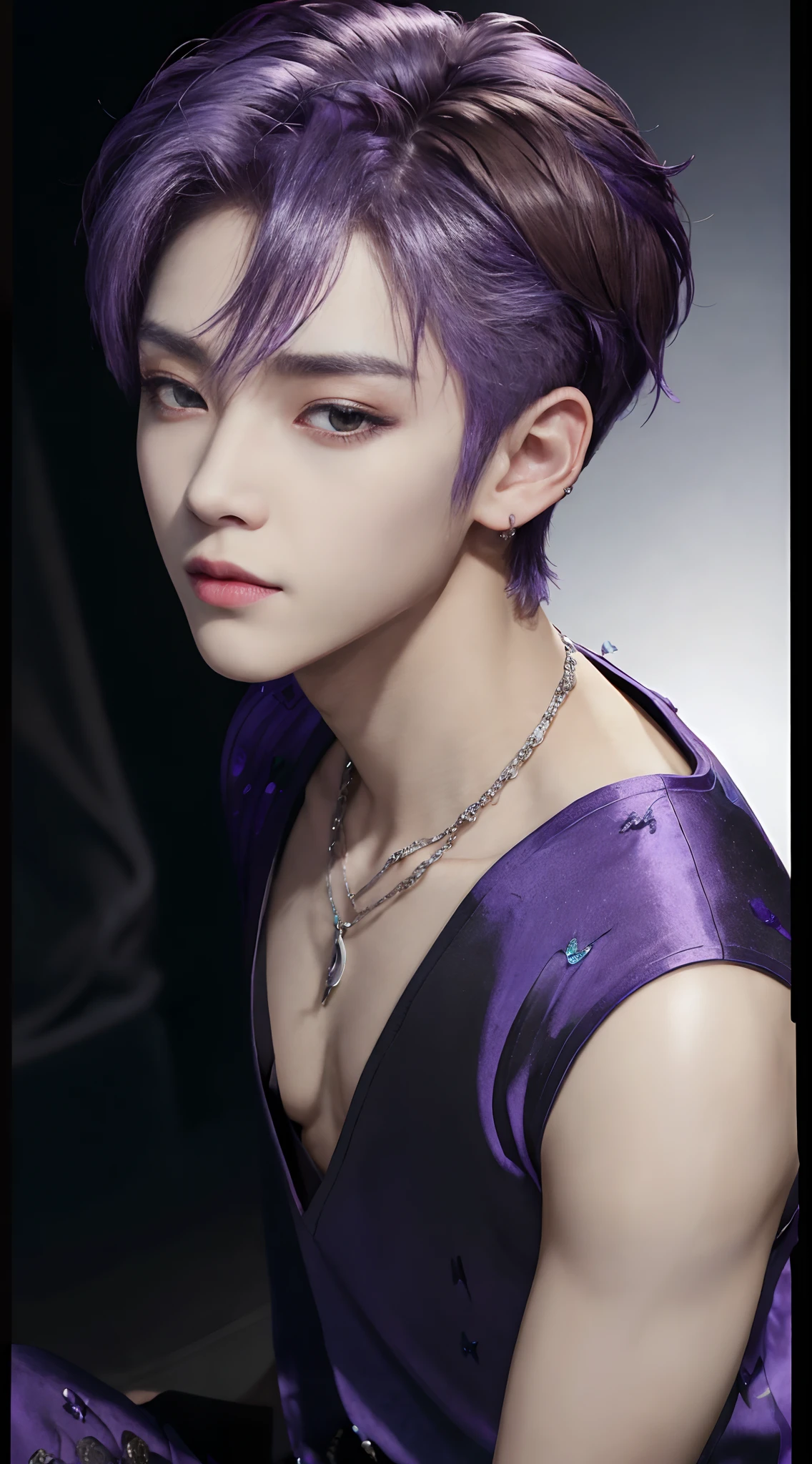masterpiece, top-quality, 1male people,, Adults, tall, finely eye and detailed face, intricate detailes, ((Korean fashion in black and white)), Happiness, tenderness, high-level image quality、The upper part of the body、nightfall、nighttime scene、𝓡𝓸𝓶𝓪𝓷𝓽𝓲𝓬、Korean Male, k pop, Professional Photos, Vampires, Korean fashion in black and white, Fedoman with necklace, inspired by Sim Sa-jeong, androgynous vampire, :9 detailed face: 8, extra detailed face, detailed punk hair, ((eyes are brown)) baggy eyes, Seductive. Highly detailed, semi realistic anime, Vampires, hyperrealistic teen, delicate androgynous prince, imvu, short hair above the ears, Man with short hair, ((Purple haired man with wild expression)), ((Man with short hair in bright purple)), ((Only one man))