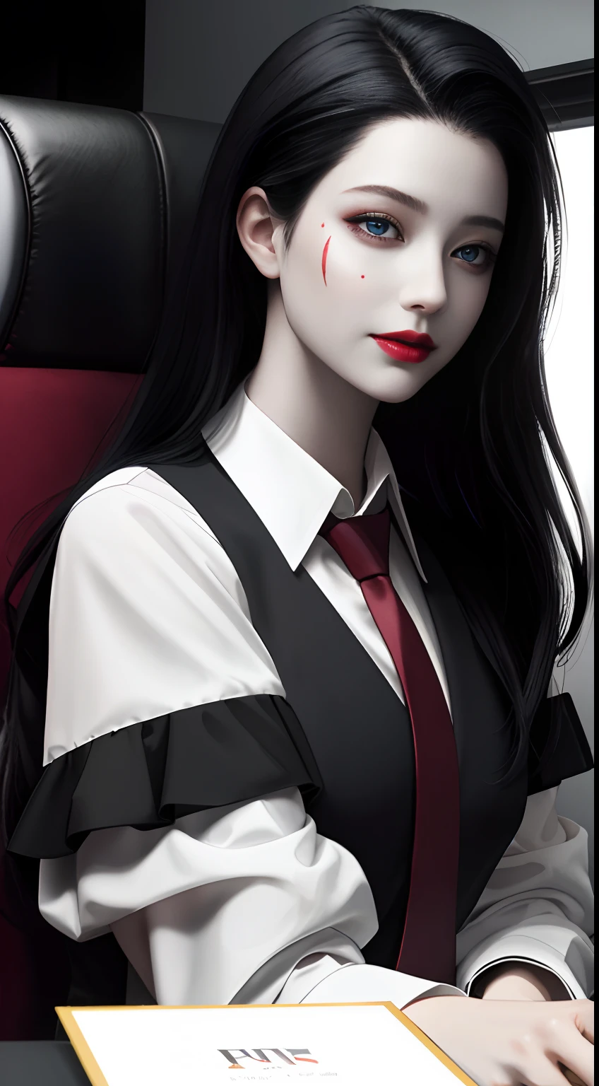 HD, 8K, (((Masterpiece))), (((A high resolution))), ((Best quality)), ((An extremely delicate and beautiful)), Crazy detail and intrusive, Super detailed, Tokyo Ghoul, 1 woman, Solo, black collared shirt, red necktie, Pale skin, large lips, Puffy lips, Black lips, Red eye, eBlue eyes, Heterochromia, ringed eyes, Glowing eyes, Black hair, Long hair, hair slicked back, ghoul, Evil smile, scars face