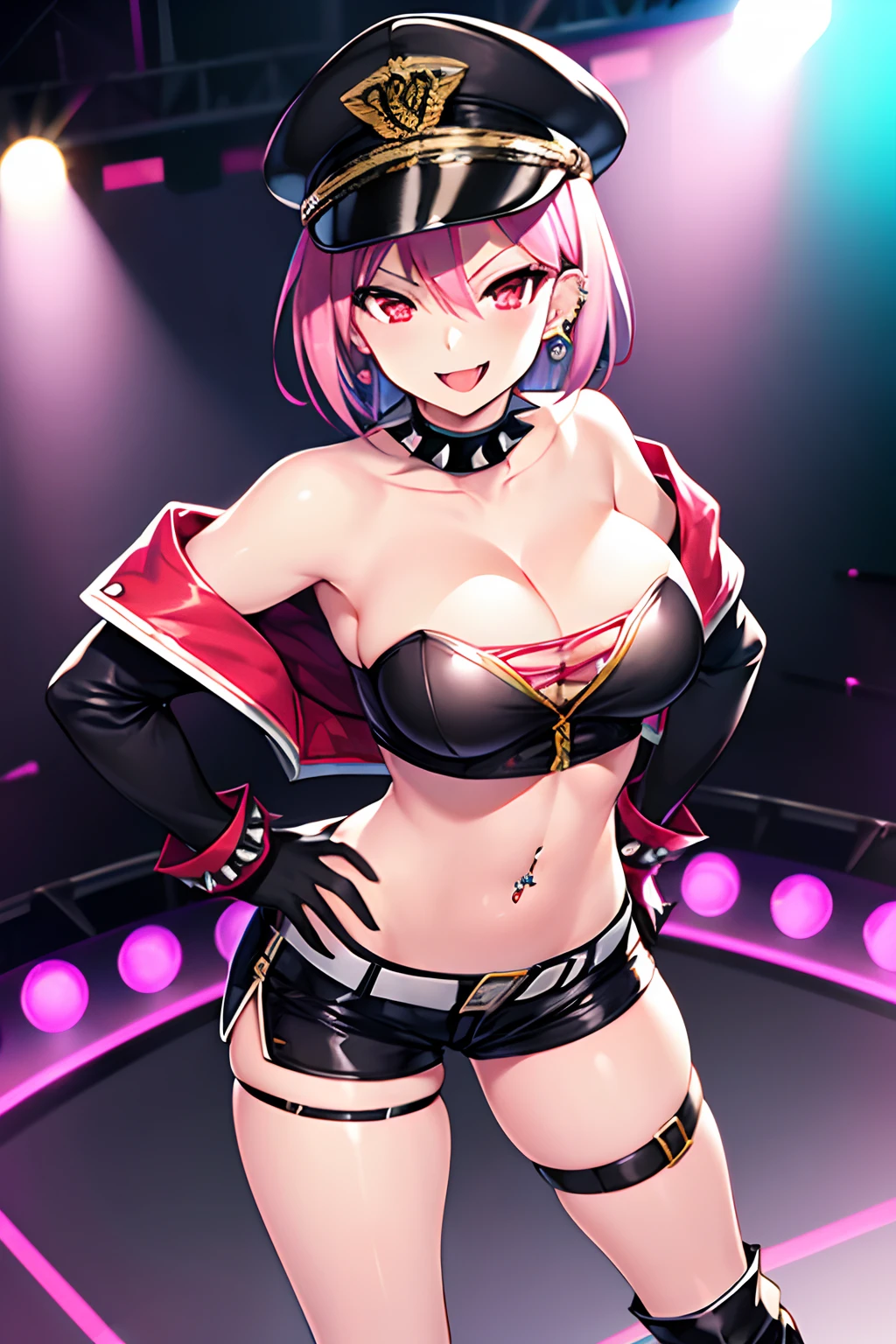 Highly detailed and realistic CG, Colorful , masutepiece, Best Quality, 1girl, solo, pink hair, shiny hair, short hair, red eyes, shiny eyes, (crazy smile:1.2), (evil smile:1.2), sadistic smile, grin, skinny legs, contrapposto, standing, tube top, strapless, shorts, spiky boots, spiky wristband, idol concert, on stage, Live performance, open mouth, big breasts, cleavage, midriff, navel, black jacket, black military cap, tongue out, long tongue, split tongue, hand on hip, stylish pose, spotlight, thigh strap, flashy earrings, fang, from above, piercing, elbow gloves, see-through,