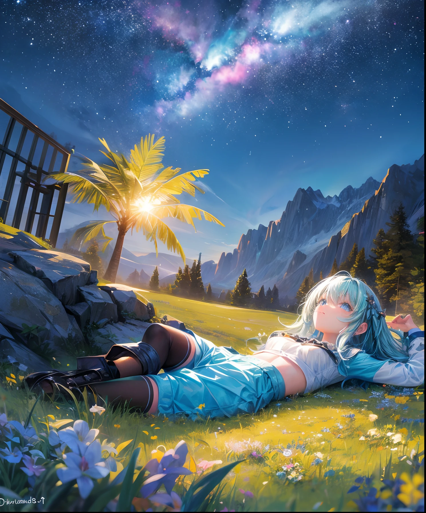 Describe a scene where a cute girl character is lying on a grassy hill, Looking up at the starry sky. Surround her with colorful nebulae and her favorite constellations.