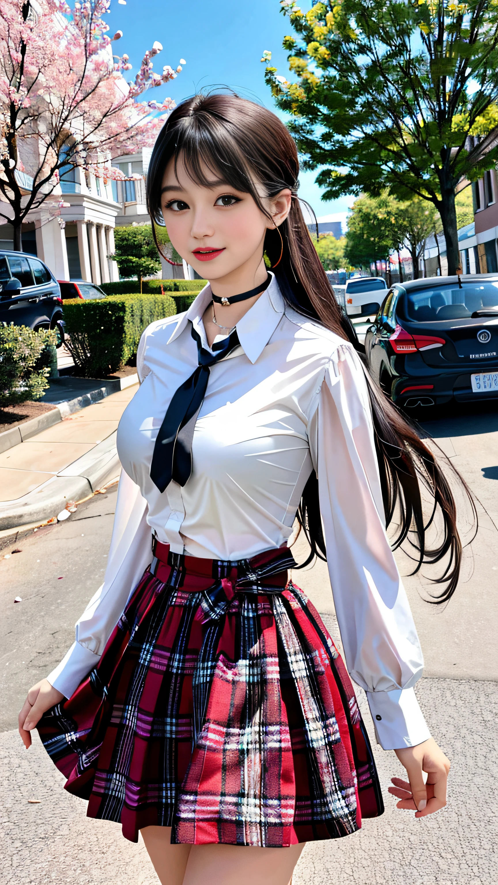 masterpiece, top-quality, full body Esbian, 1girl in, bangss, Black Choker, Black tie, A dark-haired, Tied to the chest and arms with hemp rope、a blue skirt, red blush, A bracelet, breastsout, a choker, Clothing around the waist, 鎖骨, shirt with collar, cowboy shot, dress shirts, ear piercings, eyebrows visible through hair, gradation hair, Grinning, gals, jewely, Kogal, length hair, looking at the viewers, Loose tie, neck tie, piercings, Plaid, plaid skirts, pleatedskirt, red eyes, the ring, 校服, The shirt, skirt by the, A smile, 独奏, white shirt, a street, Skysky, cherry trees, flower petals,diagrams, (magazine:1.3), (cover-style:1.3), Fashionable, femele, with a vibrant, outfits, the pose, the front, Colorful, Dynamic, Background with, element, self-assured, expresive, ngel, statement, accessorized, An majestic, coil, surroundings, Touch, The scene, Texto, covers, It's bold, captures the attention, Titles, Stylish, Font, It's catchy, headline, The large, Impressive, moderno, Trendy, Focus, lo fashion,