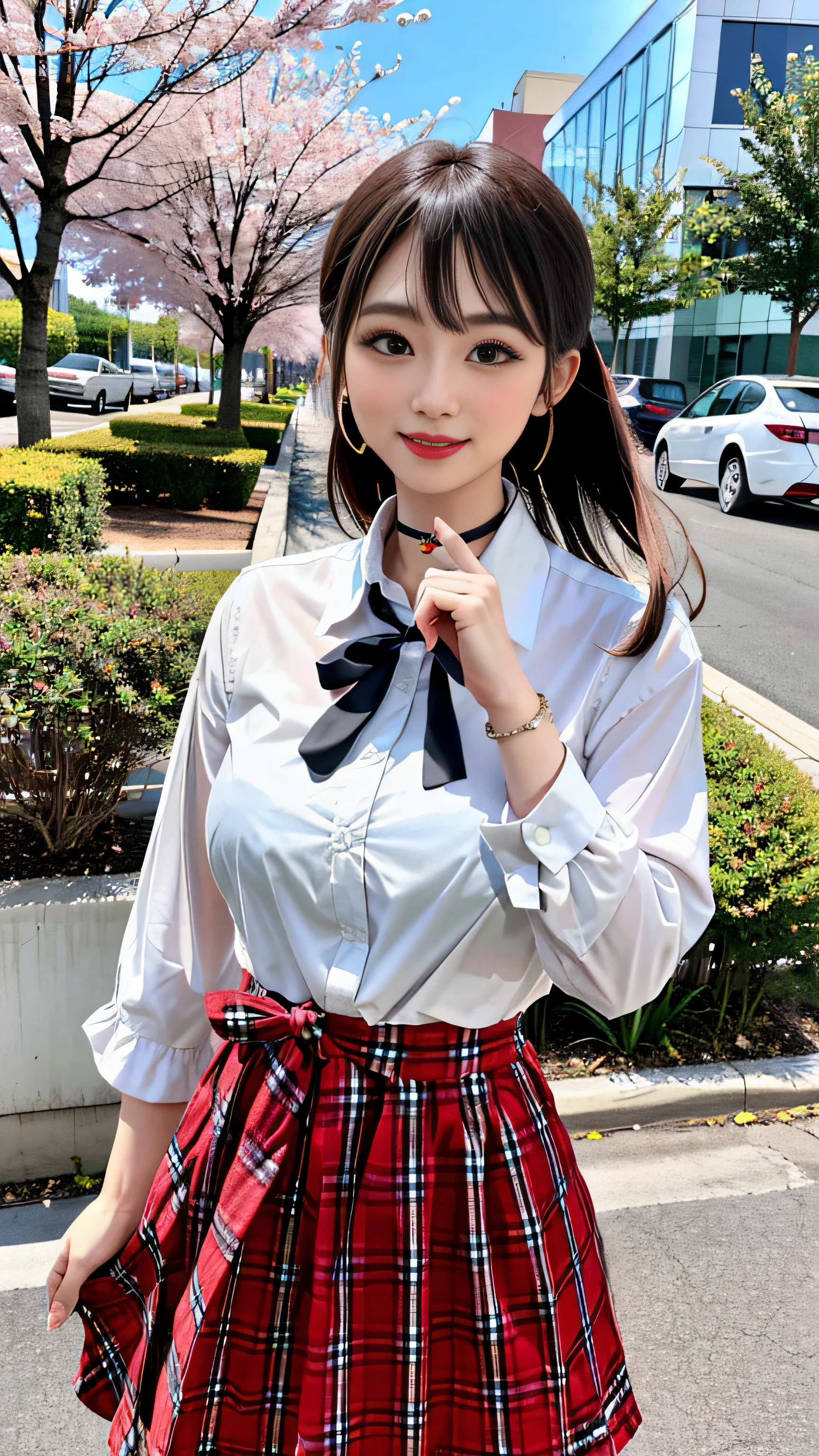 masterpiece, top-quality, full body Esbian, 1girl in, bangss, Black Choker, Black tie, A dark-haired, Tied to the chest and arms with hemp rope、a blue skirt, red blush, A bracelet, breastsout, a choker, Clothing around the waist, 鎖骨, shirt with collar, cowboy shot, dress shirts, ear piercings, eyebrows visible through hair, gradation hair, Grinning, gals, jewely, Kogal, length hair, looking at the viewers, Loose tie, neck tie, piercings, Plaid, plaid skirts, pleatedskirt, red eyes, the ring, 校服, The shirt, skirt by the, A smile, 独奏, white shirt, a street, Skysky, cherry trees, flower petals,diagrams, (magazine:1.3), (cover-style:1.3), Fashionable, femele, with a vibrant, outfits, the pose, the front, Colorful, Dynamic, Background with, element, self-assured, expresive, ngel, statement, accessorized, An majestic, coil, surroundings, Touch, The scene, Texto, covers, It's bold, captures the attention, Titles, Stylish, Font, It's catchy, headline, The large, Impressive, moderno, Trendy, Focus, lo fashion,