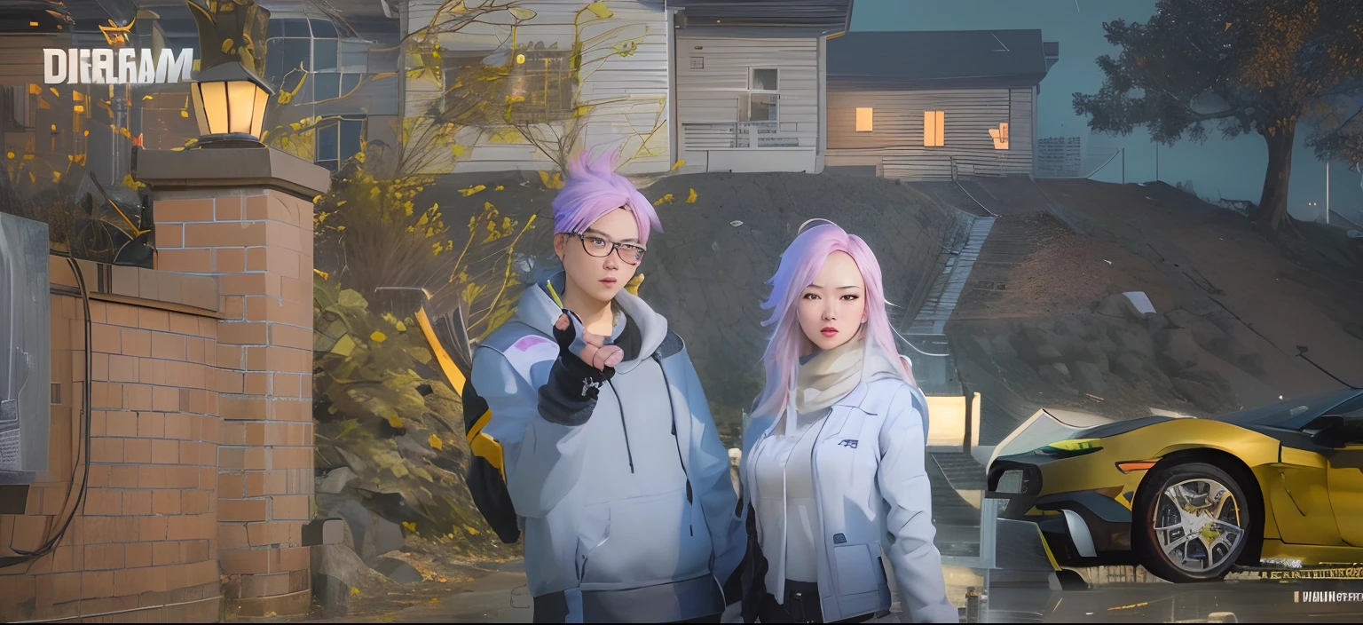 there are two people standing next to a car in a game, kda and sam yang, in game, realistic artstyle, medium shot of two characters, cold as ice! 🧊, in - game, in-game, artwork in the style of guweiz, realism artstyle, realism in style of fornite game, realistic scene, hq very detailed