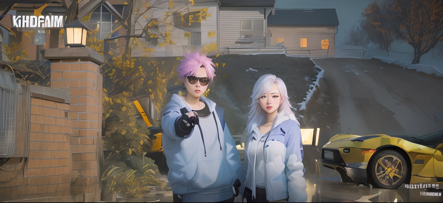 there are two people standing next to a car in a game, kda and sam yang, in game, realistic artstyle, medium shot of two characters, cold as ice! 🧊, in - game, in-game, artwork in the style of guweiz, realism artstyle, realism in style of fornite game, realistic scene, hq very detailed