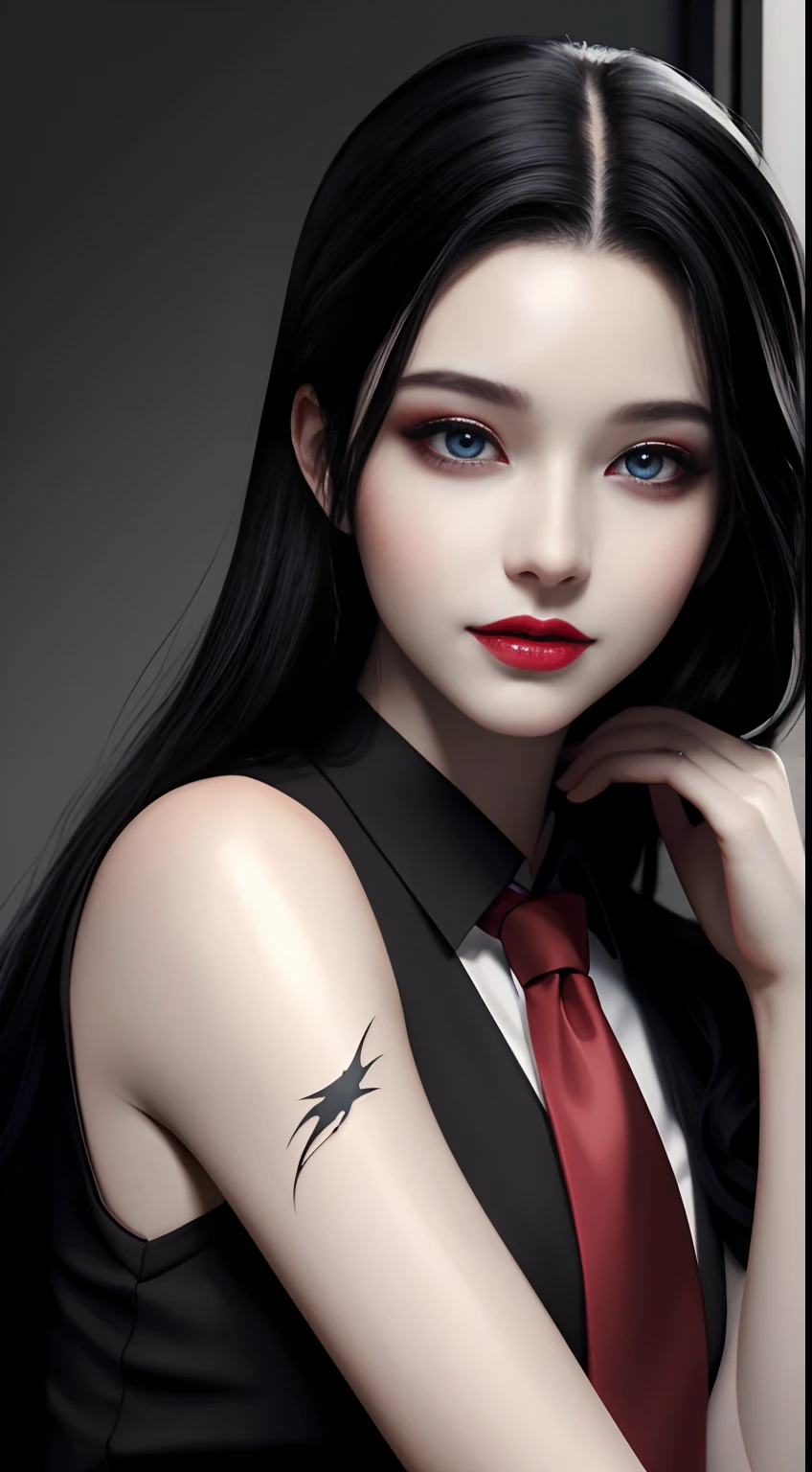 HD, 8K, (((Masterpiece))), (((A high resolution))), ((Best quality)), ((An extremely delicate and beautiful)), Crazy detail and intrusive, Super detailed, Tokyo Ghoul, 1 woman, Solo, black collared shirt, red necktie, Pale skin, large lips, Puffy lips, Black lips, Red eye, eBlue eyes, Heterochromia, ringed eyes, Glowing eyes, Black hair, Long hair, hair slicked back, ghoul, Evil smile, scars face