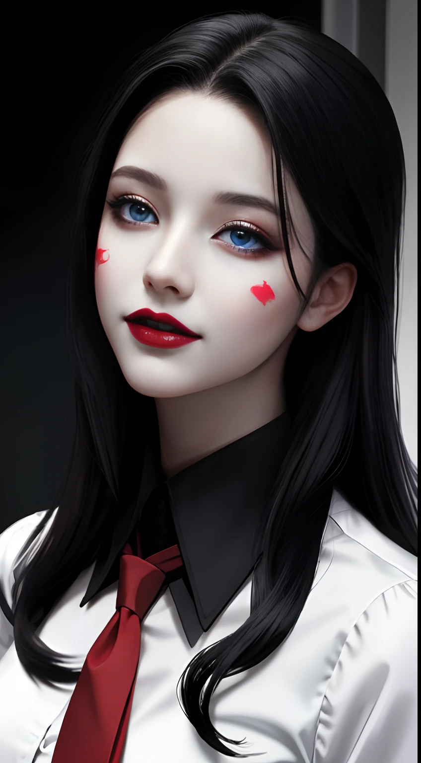 HD, 8K, (((Masterpiece))), (((A high resolution))), ((Best quality)), ((An extremely delicate and beautiful)), Crazy detail and intrusive, Super detailed, Tokyo Ghoul, 1 woman, Solo, black collared shirt, red necktie, Pale skin, large lips, Puffy lips, Black lips, Red eye, eBlue eyes, Heterochromia, ringed eyes, Glowing eyes, Black hair, Long hair, hair slicked back, ghoul, Evil smile, scars face