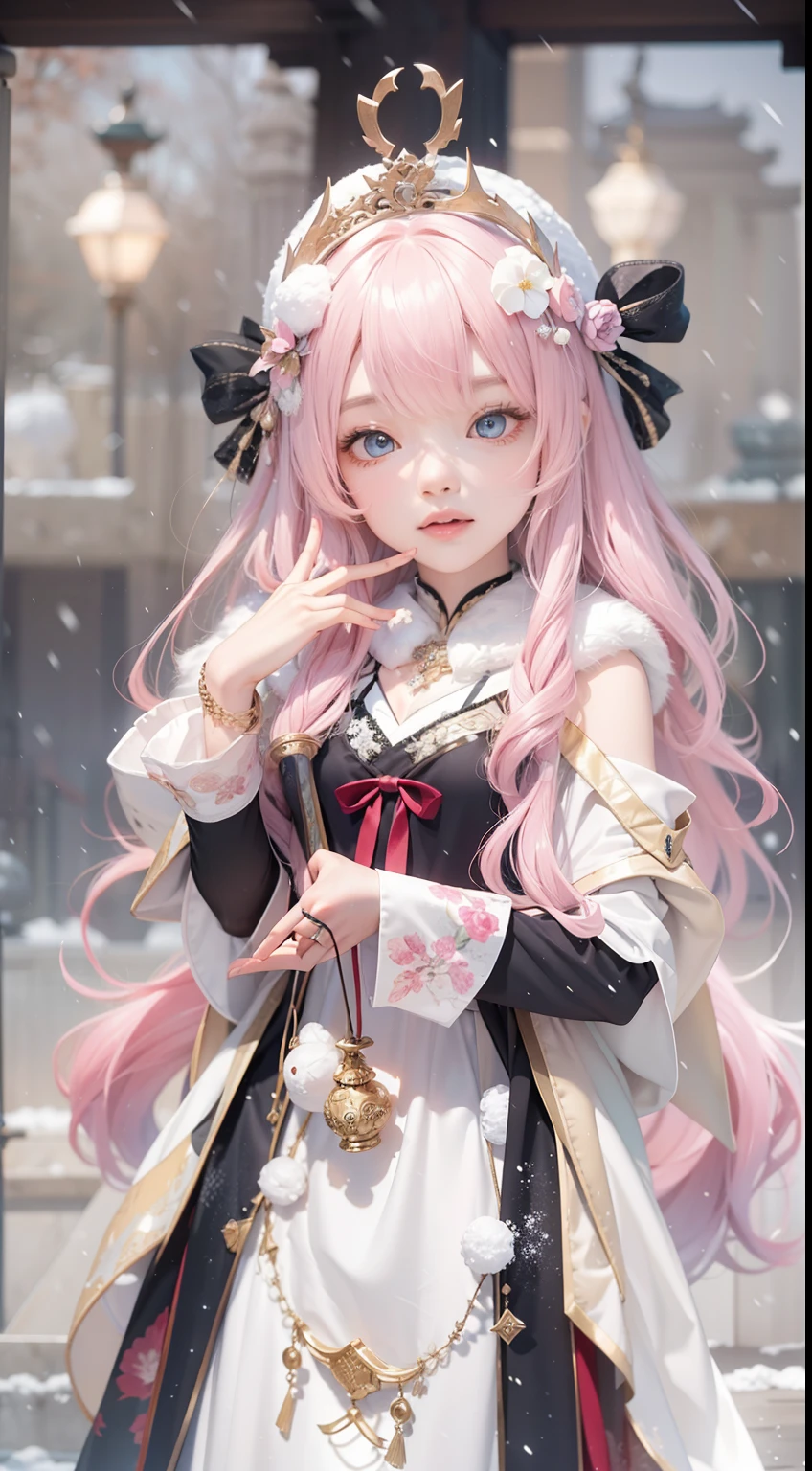 Works of masters，Best image quality，超高分辨率，8K分辨率，Sitting，solo person，femele，ssmile，long whitr hair，Pink hair，crossed bangs，Wave head，Bracelet，Collar，pendant，Lolita costume，snowflower，Winters，Temple，New Year，Opal rendering，Cinematic lighting，(Falling snow，cloaks)，