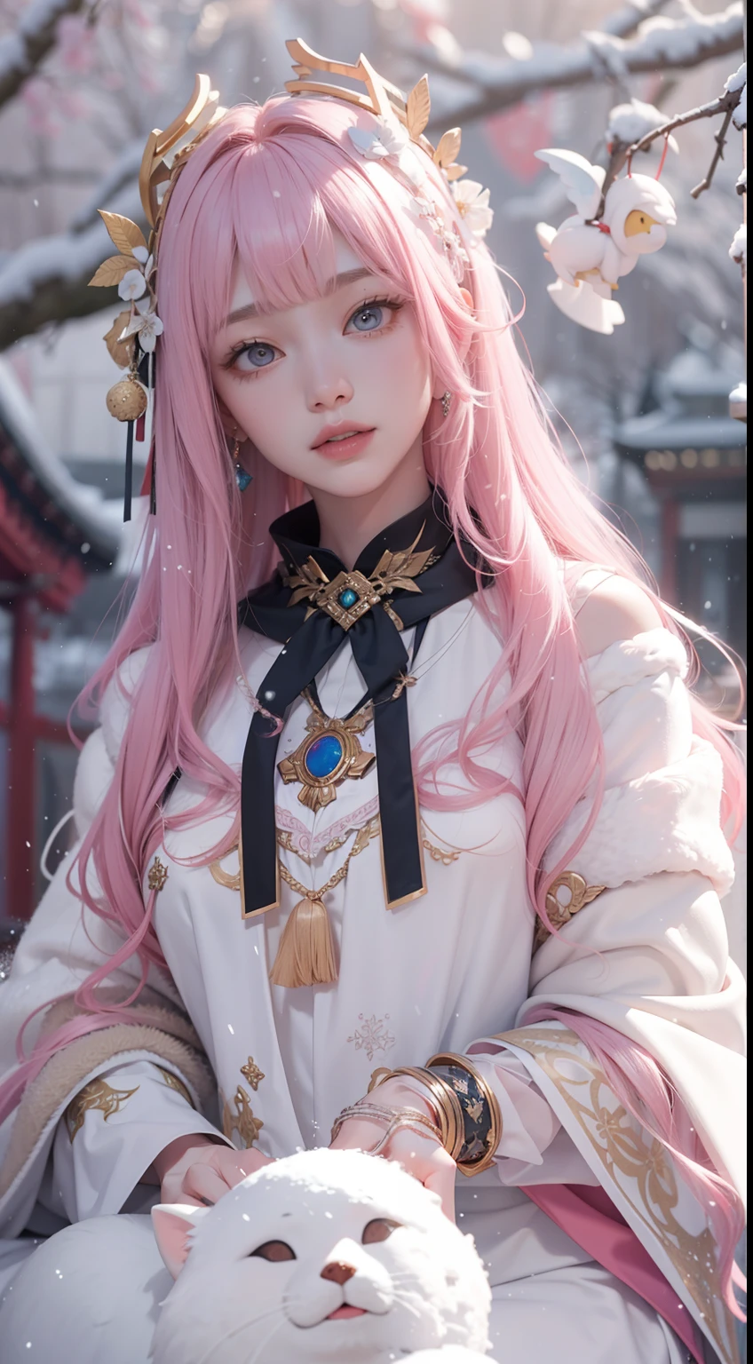 Works of masters，Best image quality，超高分辨率，8K分辨率，Sitting，solo person，femele，ssmile，long whitr hair，Pink hair，crossed bangs，Wave head，Bracelet，Collar，pendant，Lolita costume，snowflower，Winters，Temple，New Year，Opal rendering，Cinematic lighting，(Falling snow，cloaks)，
