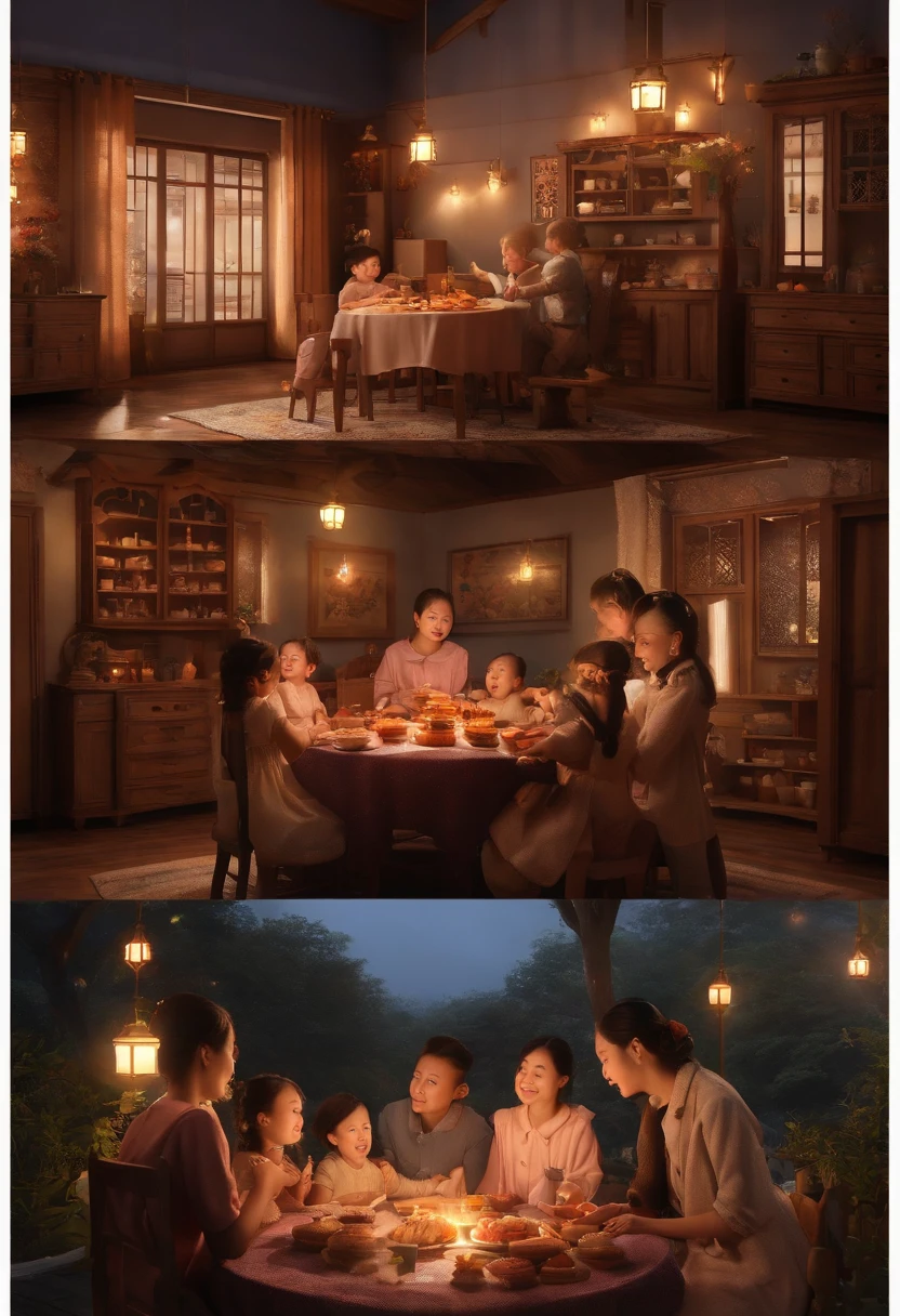 (top-quality、8K、tmasterpiece:1.3)、Full moon and stars in sky illustration,The family sits together eating mooncakes,Mom and dad laugh with the kids,Have in the living room、Bright house scene,extremely detailed face and skin,Heartwarming scene,perfect detail