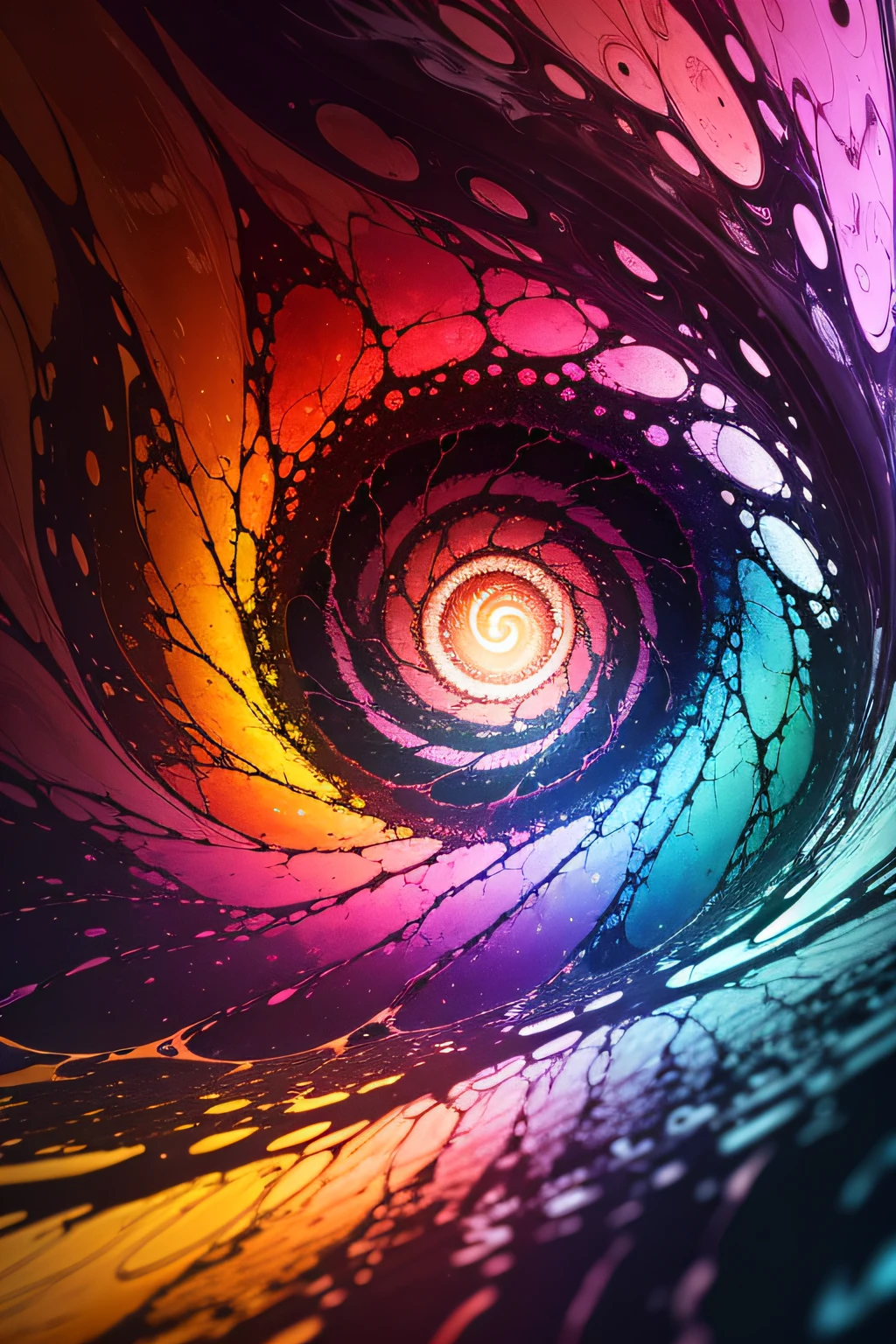 A swirl of different liquids and textures with lots of color mixed together. Metaphysical Vision of this scene