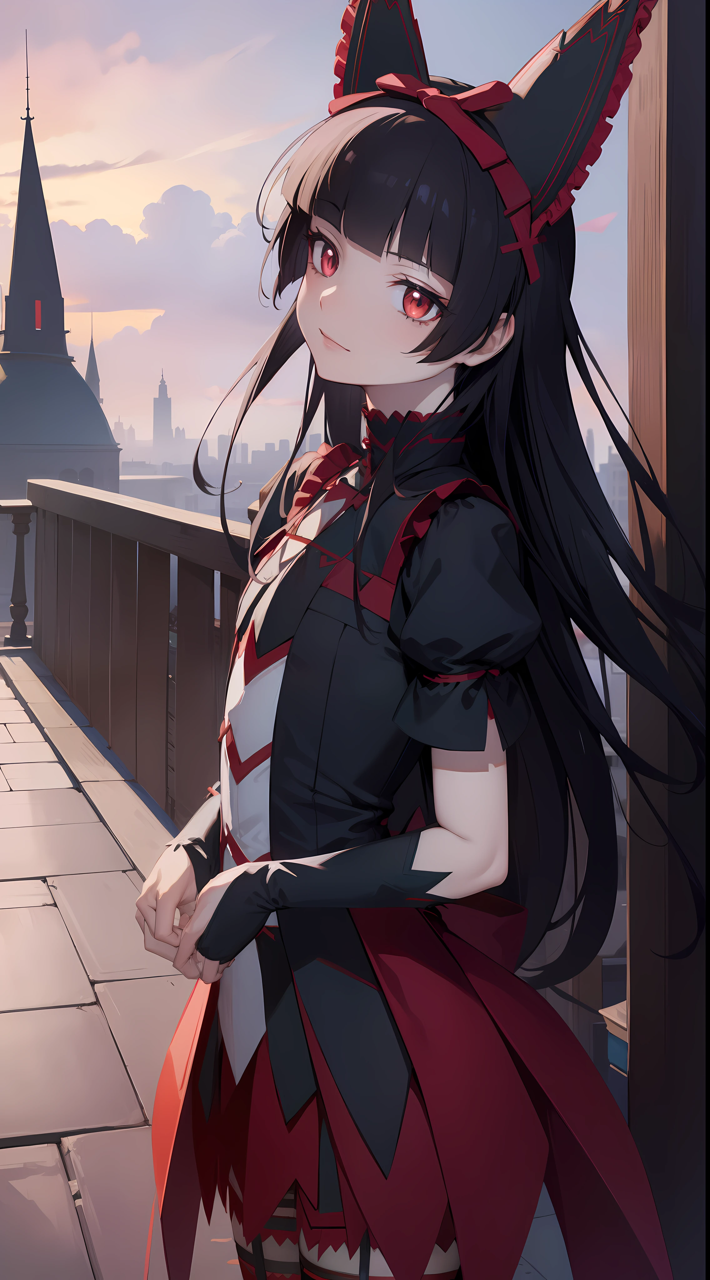 rorymercury, rory mercury, black hair, blunt bangs, hime cut, hair ornament, lipstick, long hair, makeup, (small chest:1.2), (red eyes:1.5), BREAK black gloves, black thighhighs, garter straps, gloves, gothic, hair bow, gothic fashion, puffy short sleeves, puffy sleeves, short sleeves, thighhighs, BREAK outdoors, city, BREAK looking at viewer, BREAK (masterpiece:1.2), best quality, high resolution, unity 8k wallpaper, (illustration:0.8), (beautiful detailed eyes:1.6), extremely detailed face, perfect lighting, extremely detailed CG, (perfect hands, perfect anatomy),