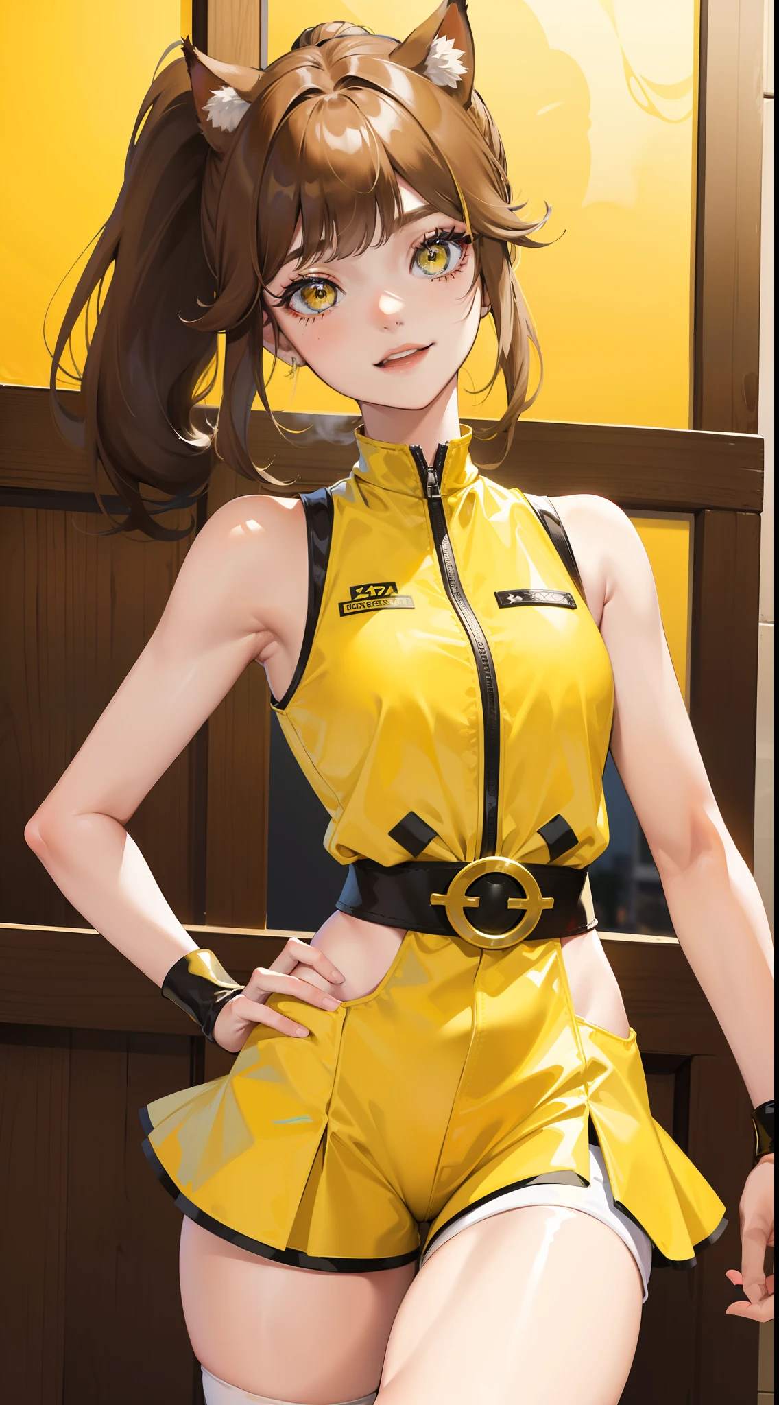 sonia
side ponytail
heart hair ornament
eyewear on head, working as a janitor, pretty, tight yellow janitor jumpsuit