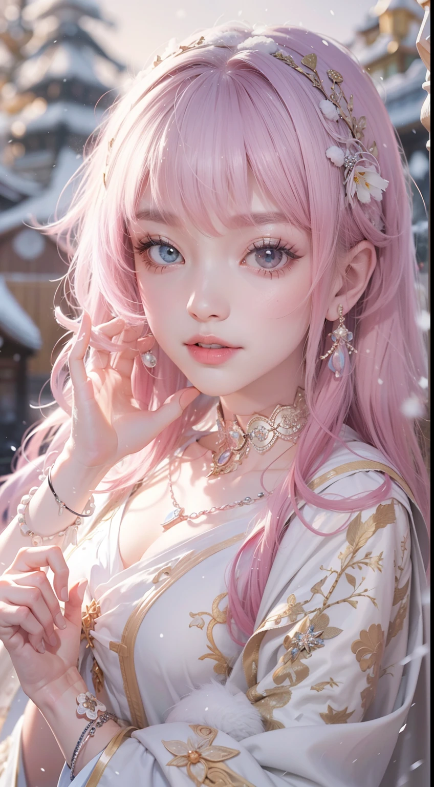 Works of masters，Best image quality，超高分辨率，8K分辨率，Sitting，s the perfect face，Glowing skin，solo person，femele，ssmile，long whitr hair，Pink hair，crossed bangs，Wave head，Bracelet，Collar，pendant，Lolita costume，snowflower，Winters，Temple，New Year，Opal rendering，Cinematic lighting，(Falling snow，cloaks)，