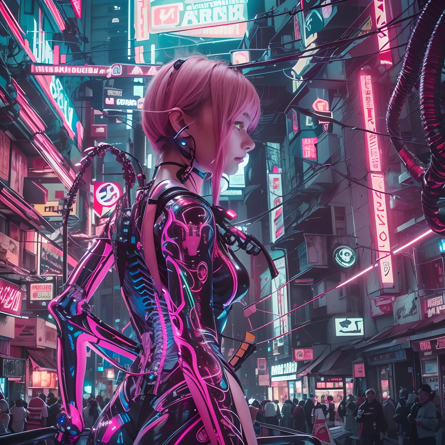 of the highest quality, masutepiece, Ultra High Resolution, ((Photorealistic: 1.4), Raw photo, 1 Cyberpunk Girl, pink hair, Glossy skin, 1 Mechanical Girl, (super realistic details)), Cinematic lighting, Deep Shadows, Octane Rendering, 8K, ultrasharp, Metal, Intricate decoration details, Egyptian details, high intricate detailed, Realistic light, Trends in CG, Facing the camera, neon details, Mechanical limbs, blood vessels connected to tubes, Mechanical vertebrae attached to the back, Mechanical cervical attachment to the neck, Wires and cables connecting to the head, Evangelion, Small glowing LED lamp, (Dazzling cyberpunk city streets in the background).
