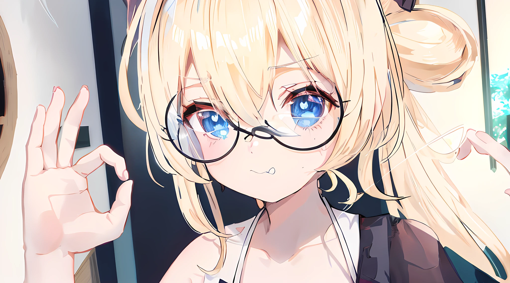 blonde anime girl with glasses and a black top in a room, blue eyes, have cute dog ears, show one shoulder, holding a glass, render of a cute 3d anime girl, anime styled 3d, hanayamata, small curvy ****, realistic anime 3 d style, 3d anime girl, anime moe artstyle, vrchat, ****, anime style. 8k, stylized anime, render of april, shikamimi