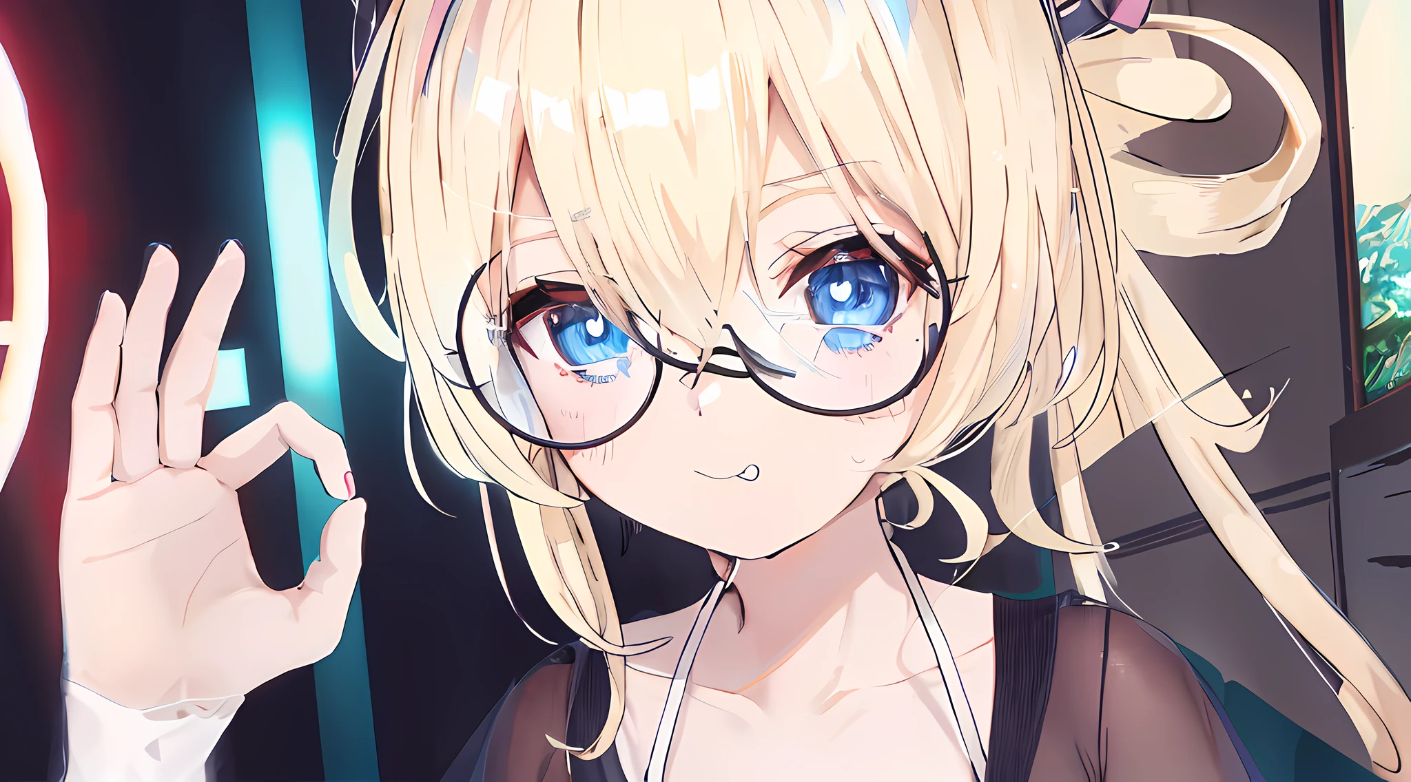 blonde anime girl with glasses and a black top in a room, blue eyes, have cute dog ears, show one shoulder, holding a glass, render of a cute 3d anime girl, anime styled 3d, hanayamata, small curvy loli, realistic anime 3 d style, 3d anime girl, anime moe artstyle, vrchat, loli, anime style. 8k, stylized anime, render of april, shikamimi