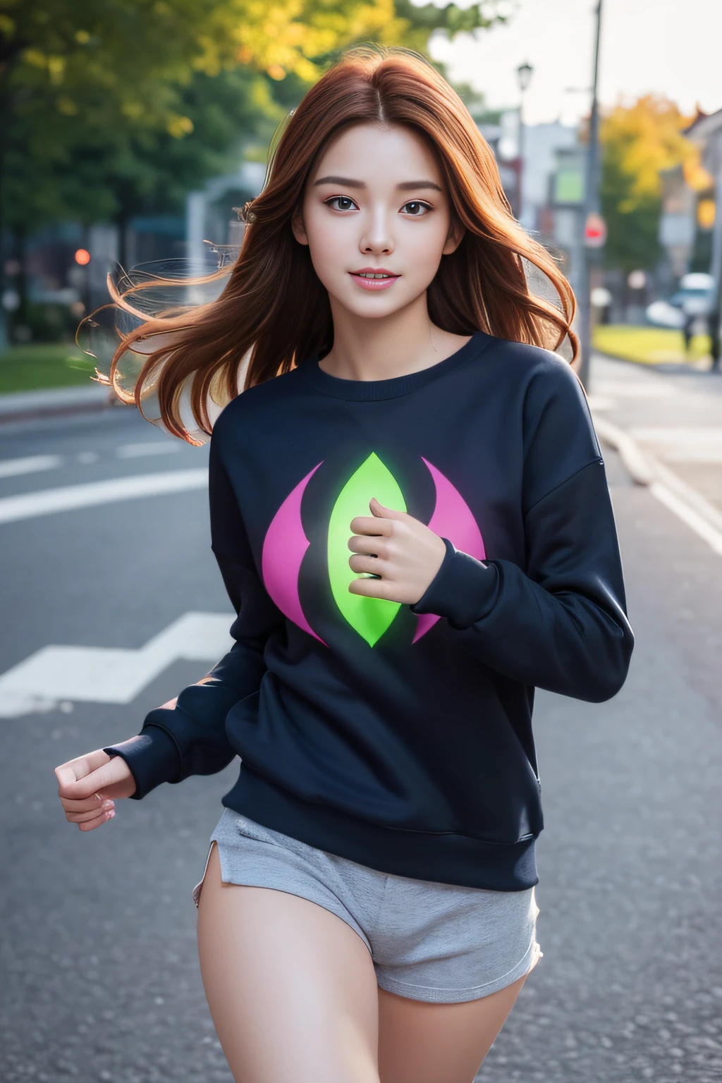 small_breast,Premium quality,8K masterpiece,high resolution,,Raw photo,18 year old Eastern European female,eu,Redhead,brunette,Symmetrical hairstyle,glowing skin,Super beauty,( (Super realistic details)),shadow,in 8K,Highly intricate details,Realistic light,CGSoation trends,beautiful eyes,radiant eyes,Neon details,High background image quality,Full body representation ,, Symmetrical hairstyle with movement,(Sweat-shiny skin: 1.1),Sweatshirt, shorts, running,running,Rivers,a smile,biologically correct,Multiple people