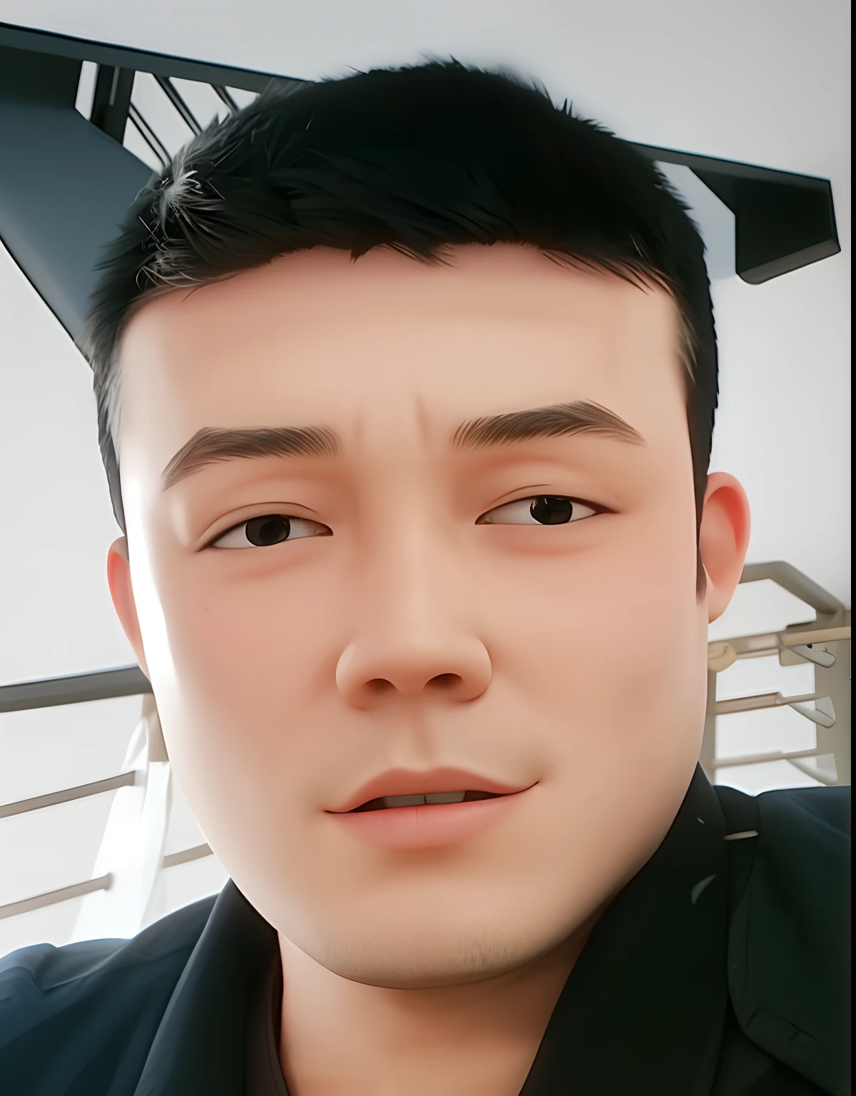 A young Mongolian man, with a black and blue color scheme. Captured through a webcam, the image has bold lines. single eyelid， He has a monolid and one eye affected by a disease, causing a squint and giving an unattractive appearance. hyper realistic photography, highest detail quality