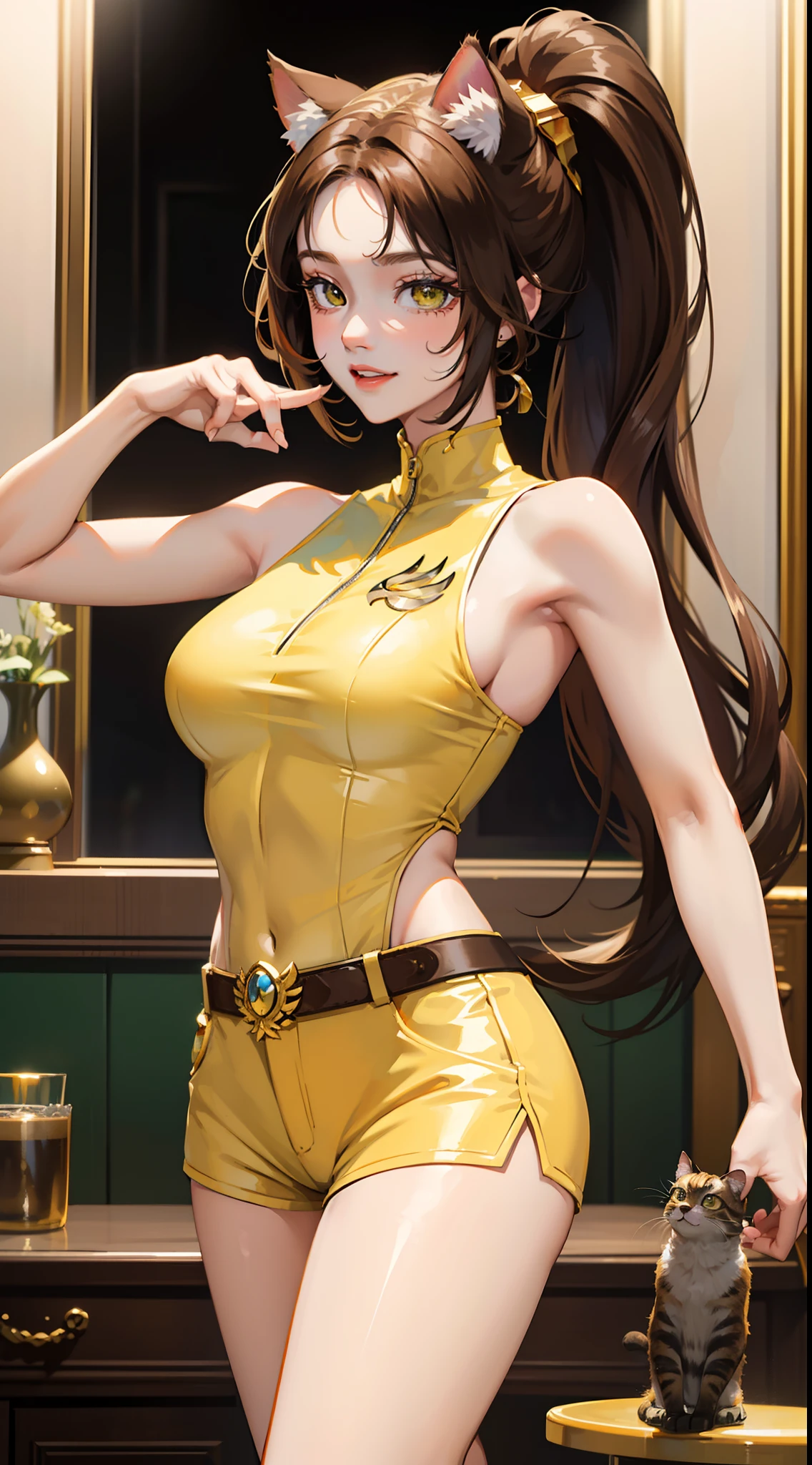 (m1n1jello:0.9), mature, ponytail, slim, slender, looking at viewer, thick thighs, (masterpiece), (best quality:1.2), absurdres, intricate details, no bra, tuxedo jacket, (highly detailed skin:1.2), sitting, yellow leather sofa, outside, cloudy, palm trees, <lora:omarDoganStyleLORA_omardogan08v2:0.5>